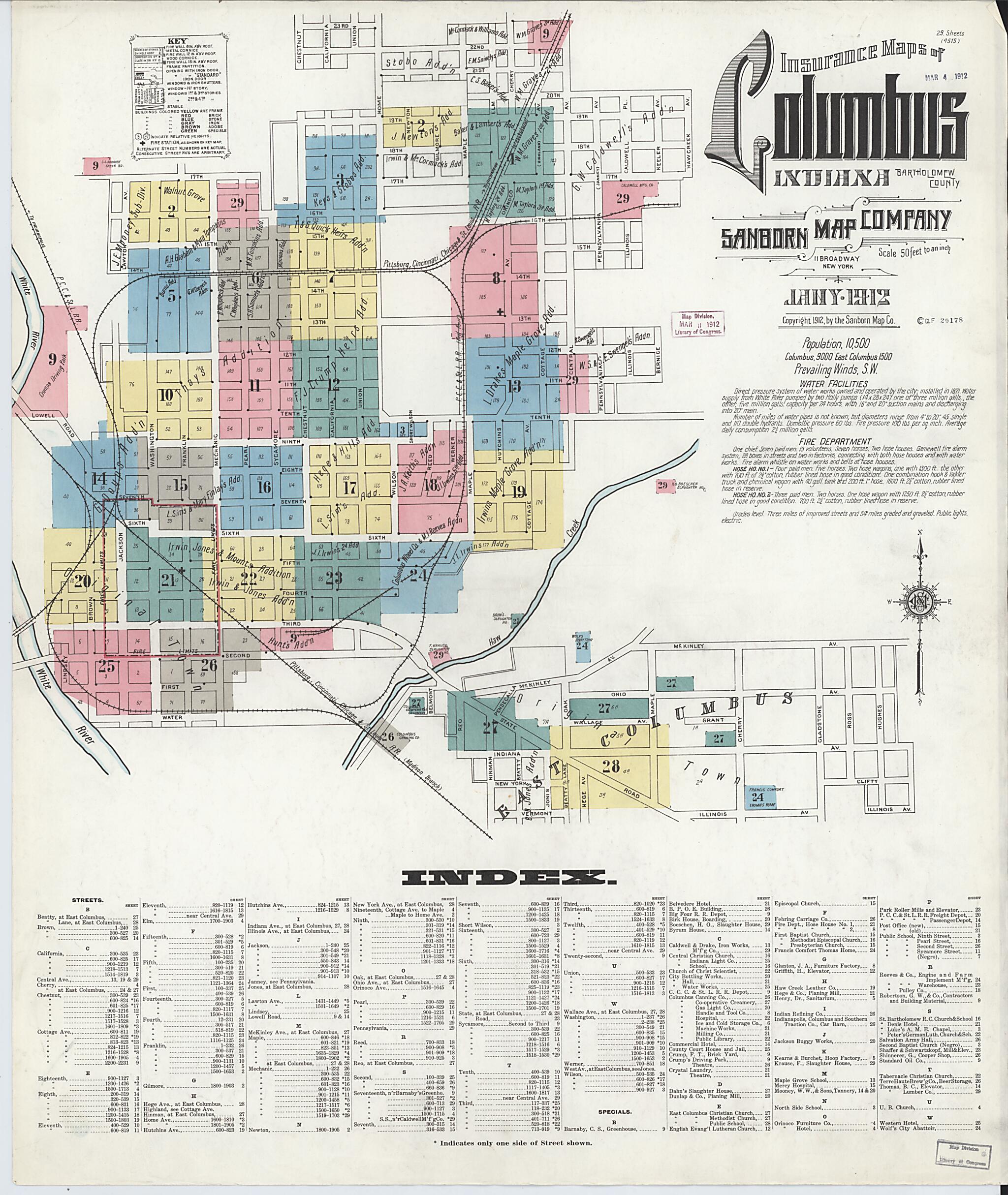 This old map of Columbus, Bartholomew County, Indiana was created by Sanborn Map Company in 1912