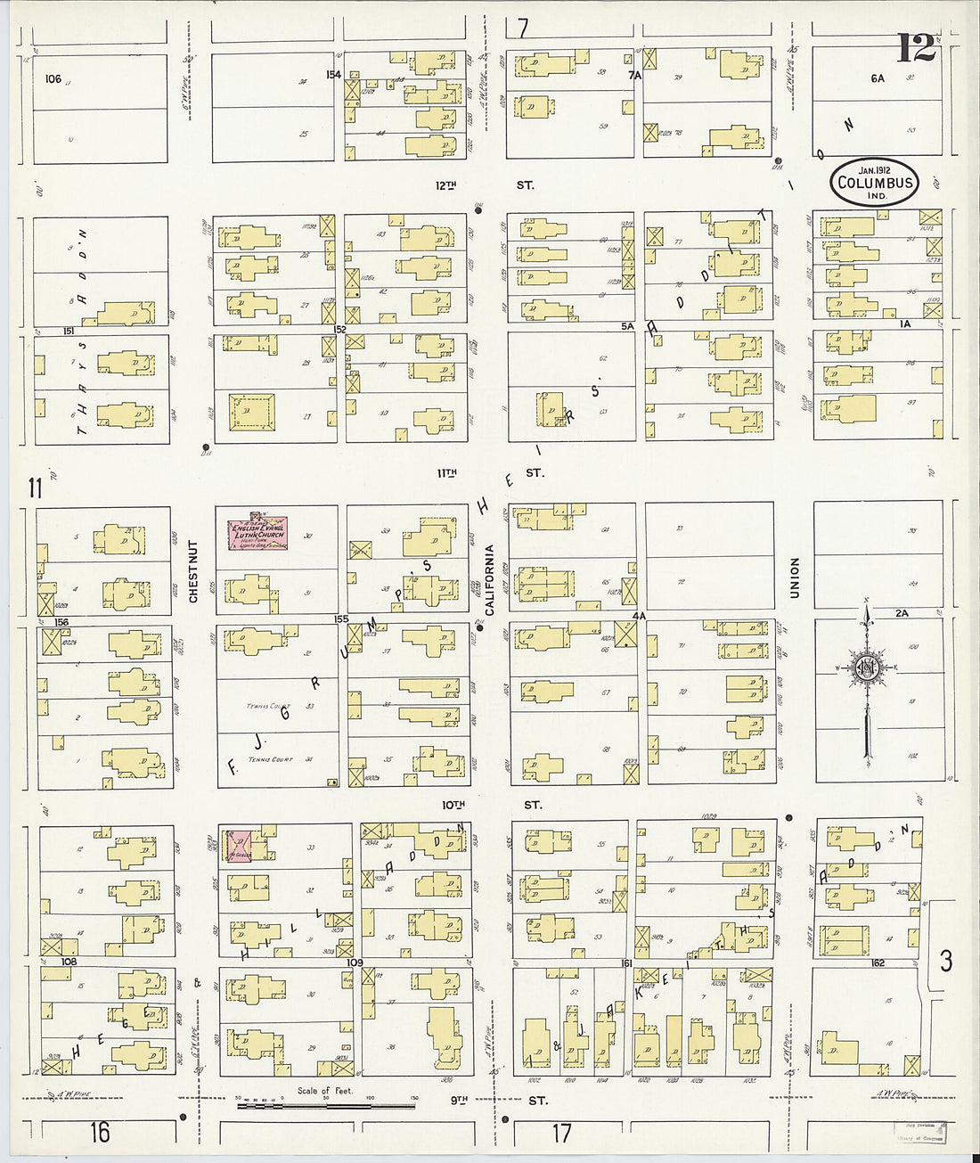 This old map of Columbus, Bartholomew County, Indiana was created by Sanborn Map Company in 1912