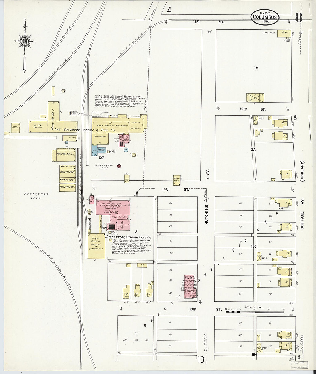 This old map of Columbus, Bartholomew County, Indiana was created by Sanborn Map Company in 1912