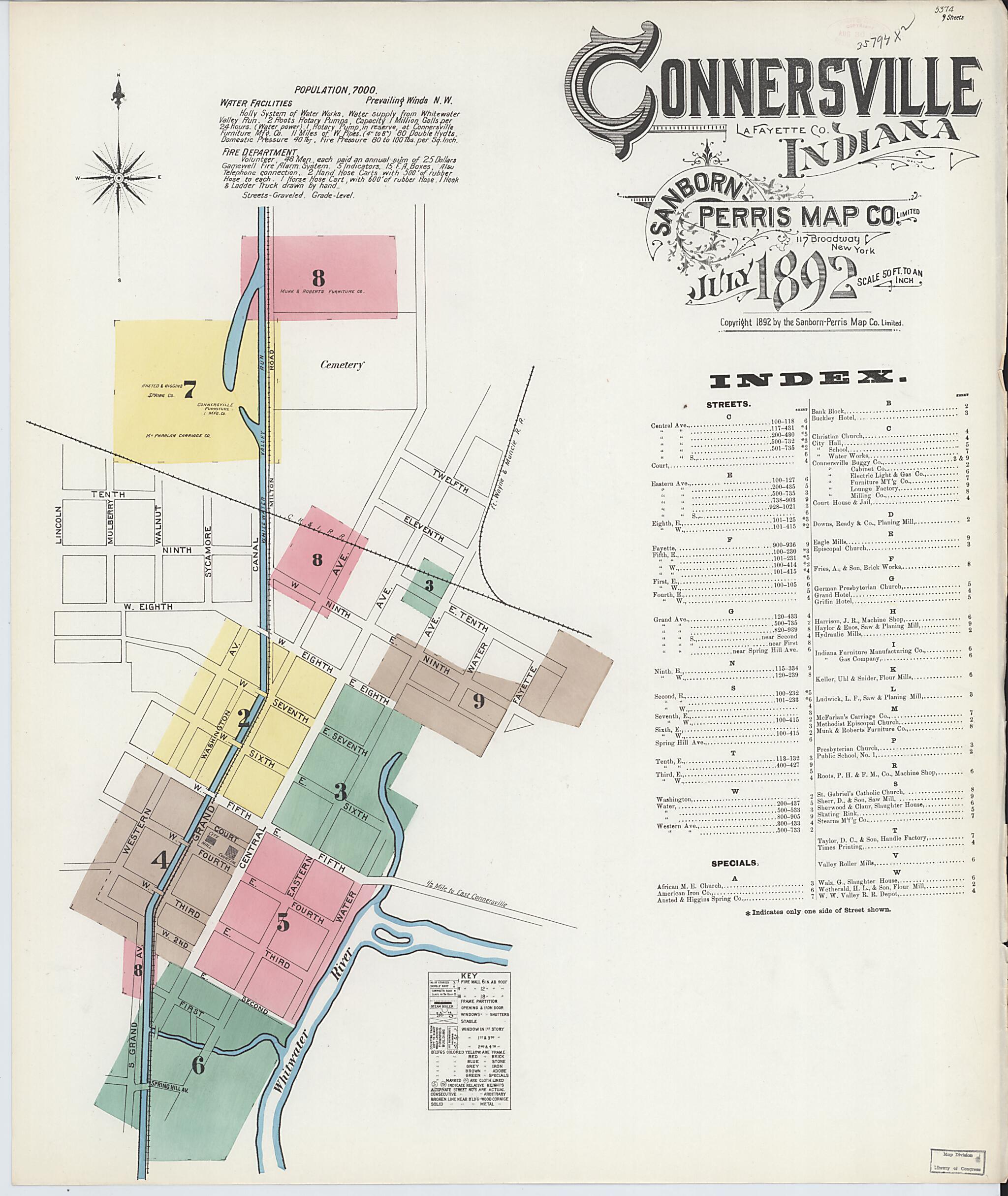 This old map of Connersville, Fayette County, Indiana was created by Sanborn Map Company in 1892