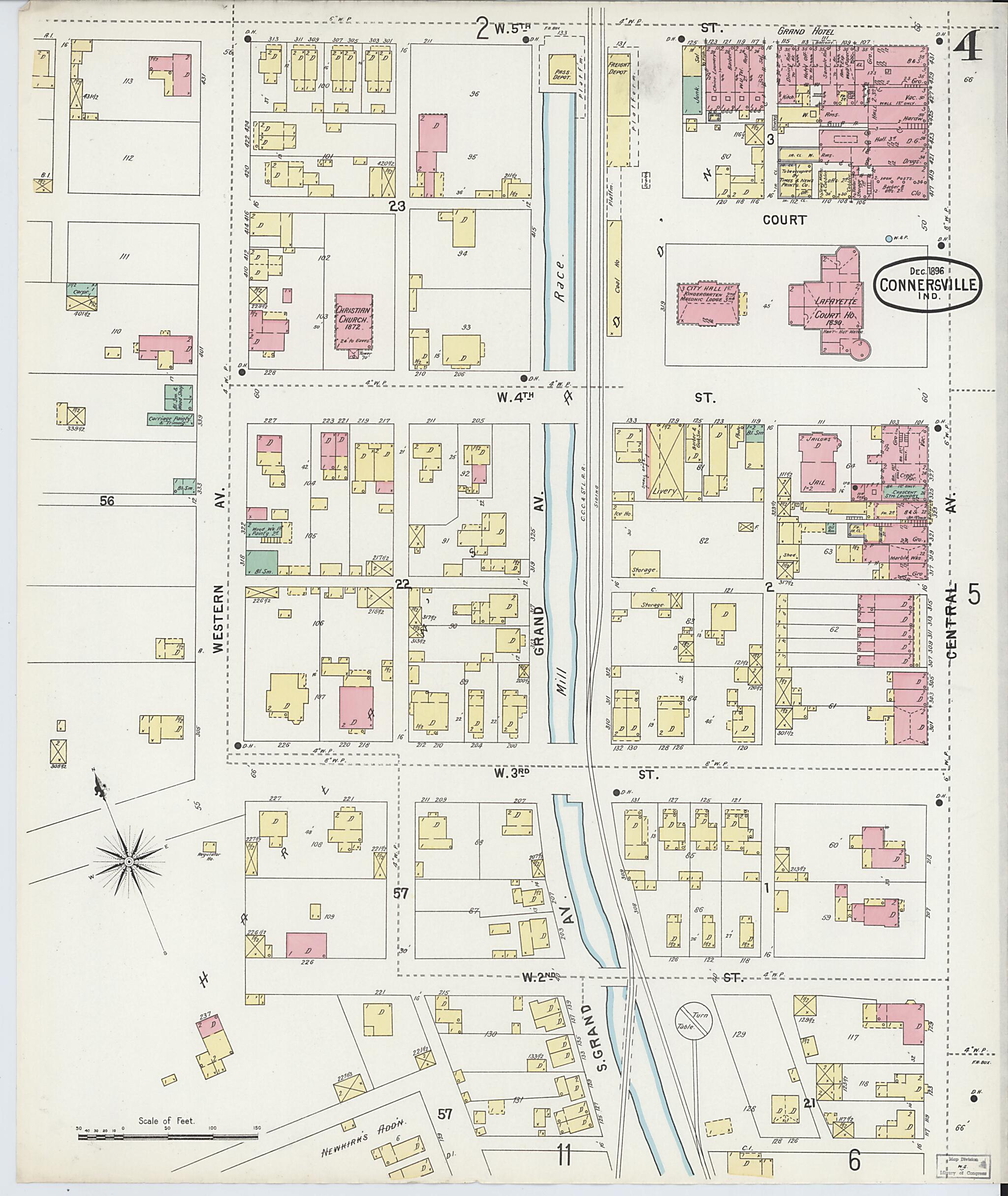 This old map of Connersville, Fayette County, Indiana was created by Sanborn Map Company in 1896