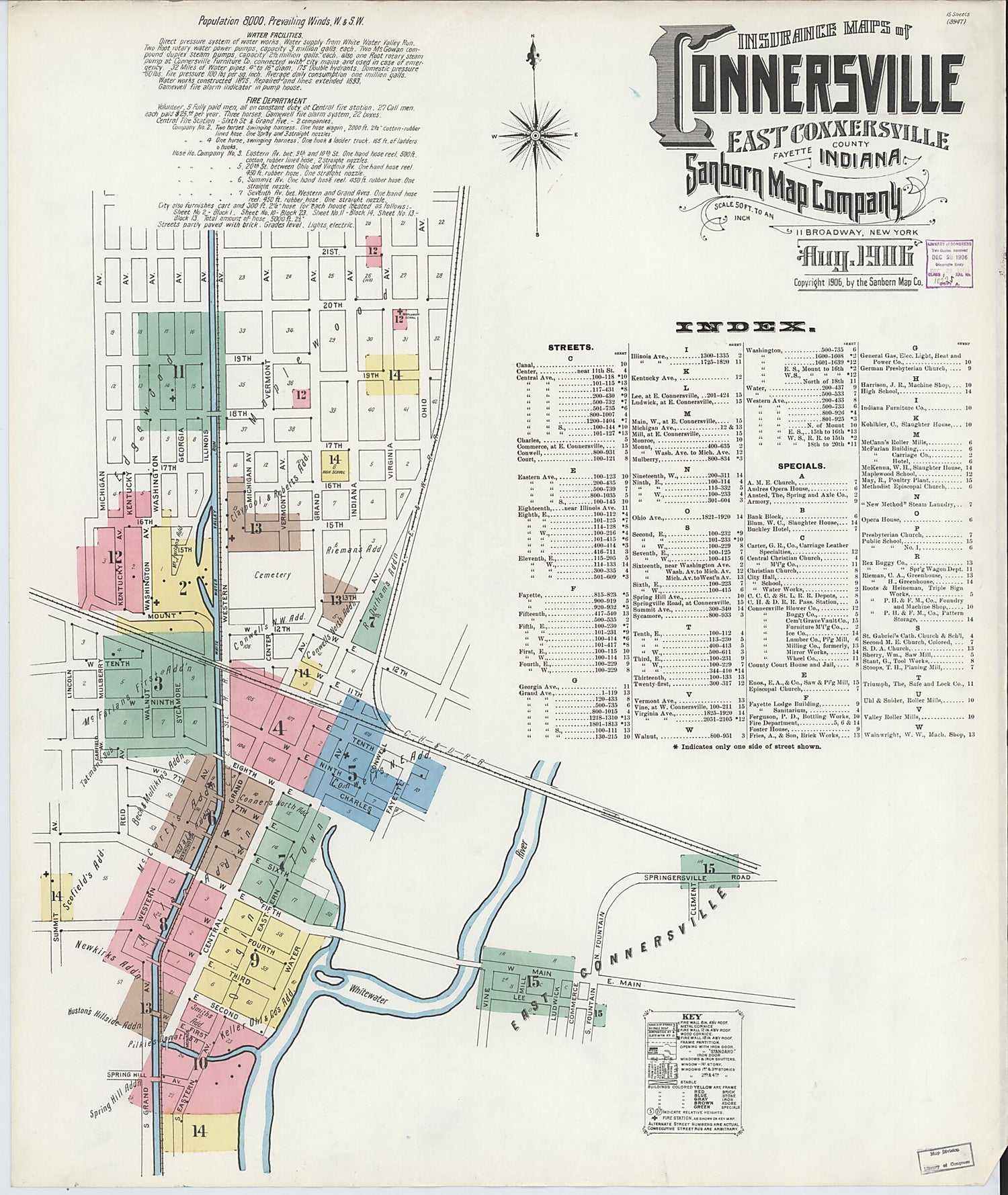 This old map of East Connersville, Fayette County, Indiana was created by Sanborn Map Company in 1906