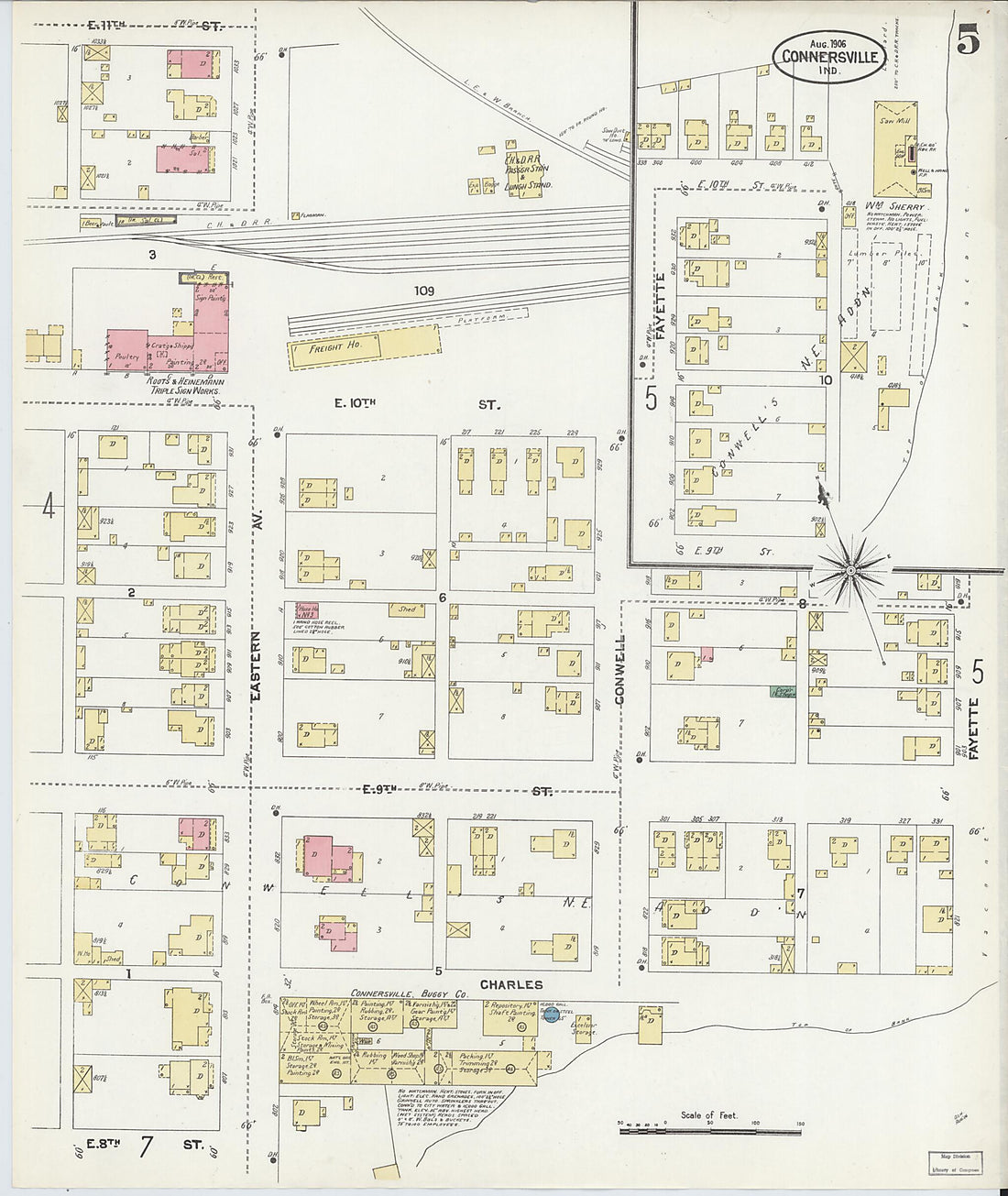 This old map of East Connersville, Fayette County, Indiana was created by Sanborn Map Company in 1906