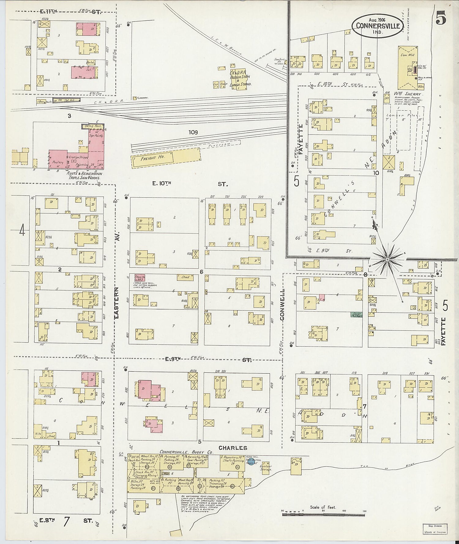 This old map of East Connersville, Fayette County, Indiana was created by Sanborn Map Company in 1906