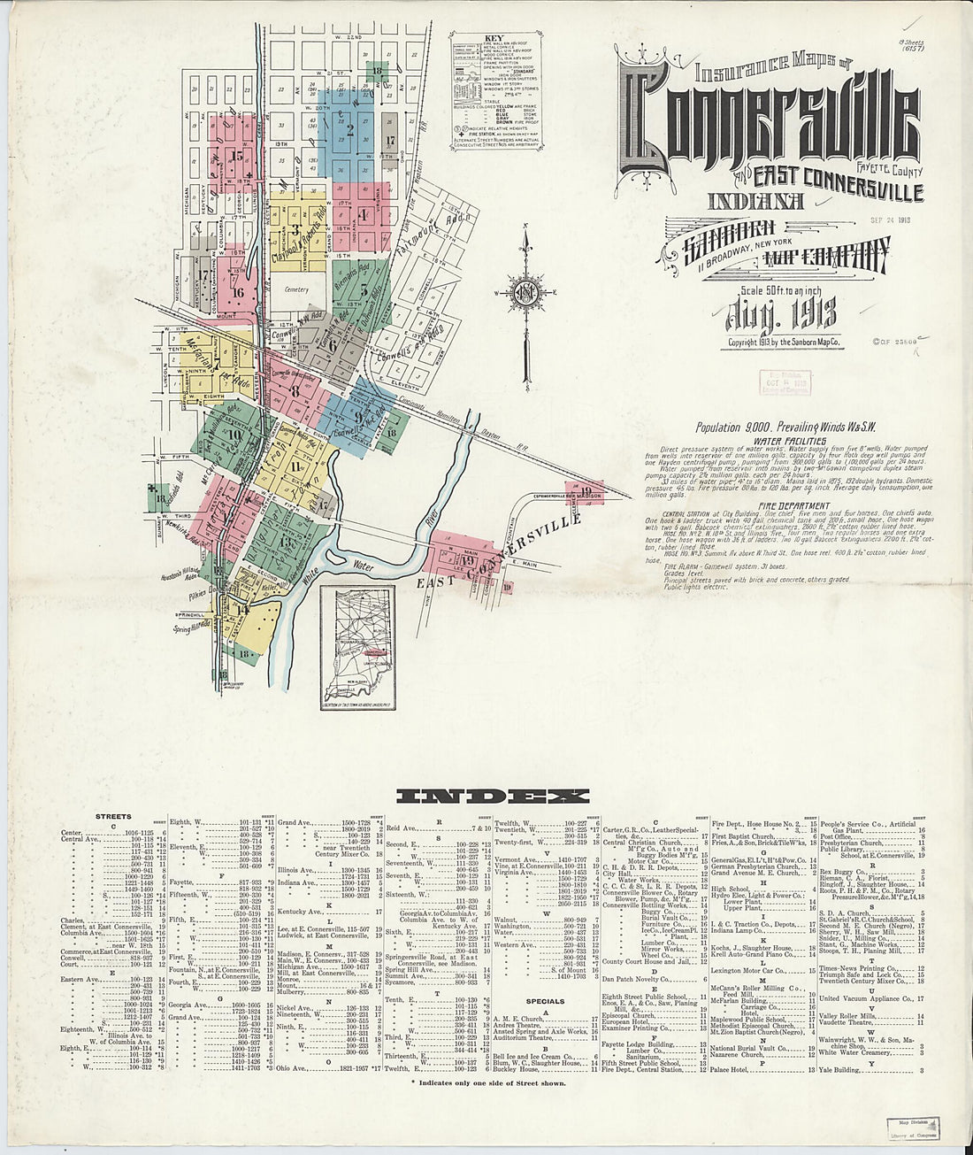 This old map of East Connersville, Fayette County, Indiana was created by Sanborn Map Company in 1913