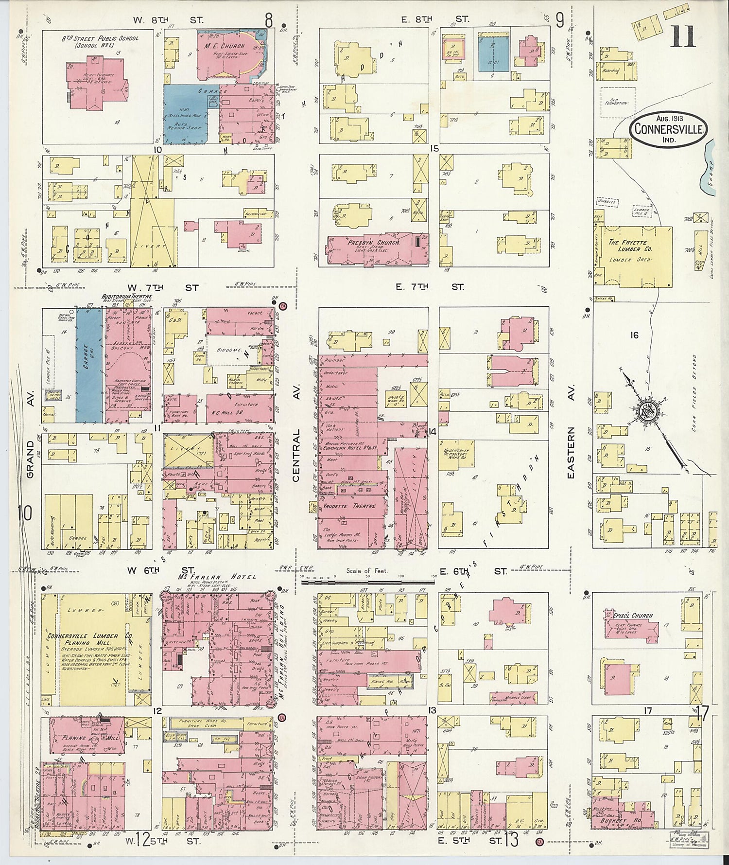 This old map of East Connersville, Fayette County, Indiana was created by Sanborn Map Company in 1913