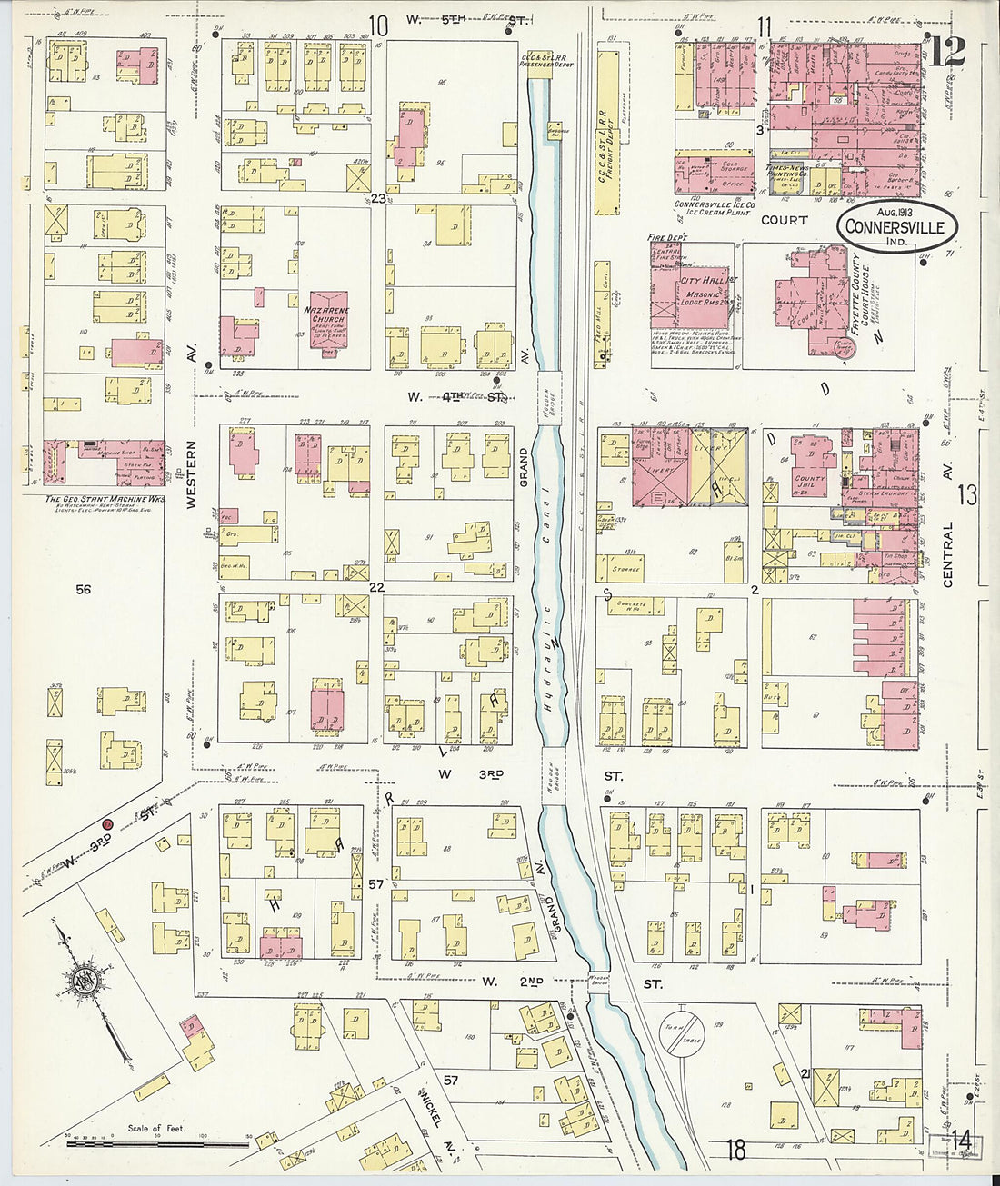 This old map of East Connersville, Fayette County, Indiana was created by Sanborn Map Company in 1913