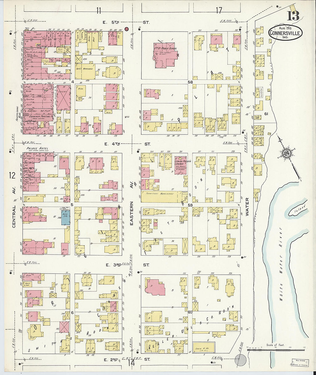 This old map of East Connersville, Fayette County, Indiana was created by Sanborn Map Company in 1913