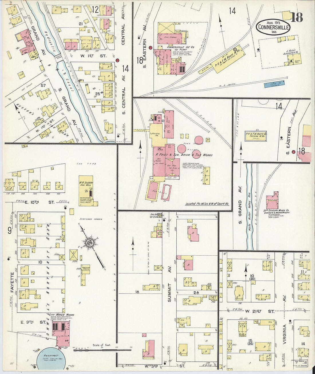 This old map of East Connersville, Fayette County, Indiana was created by Sanborn Map Company in 1913