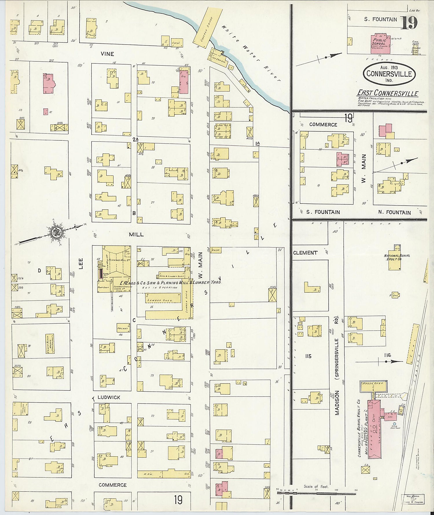 This old map of East Connersville, Fayette County, Indiana was created by Sanborn Map Company in 1913