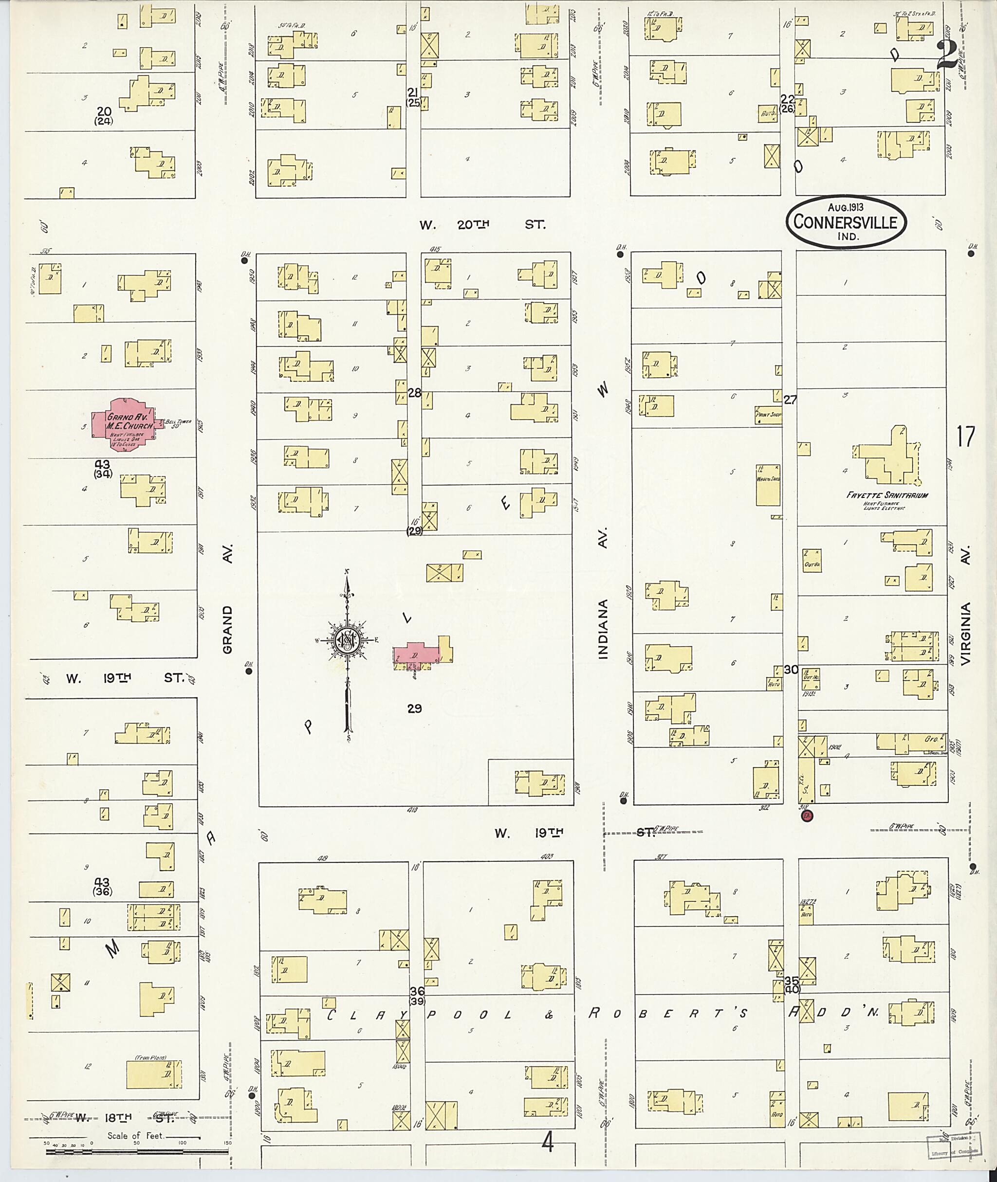 This old map of East Connersville, Fayette County, Indiana was created by Sanborn Map Company in 1913