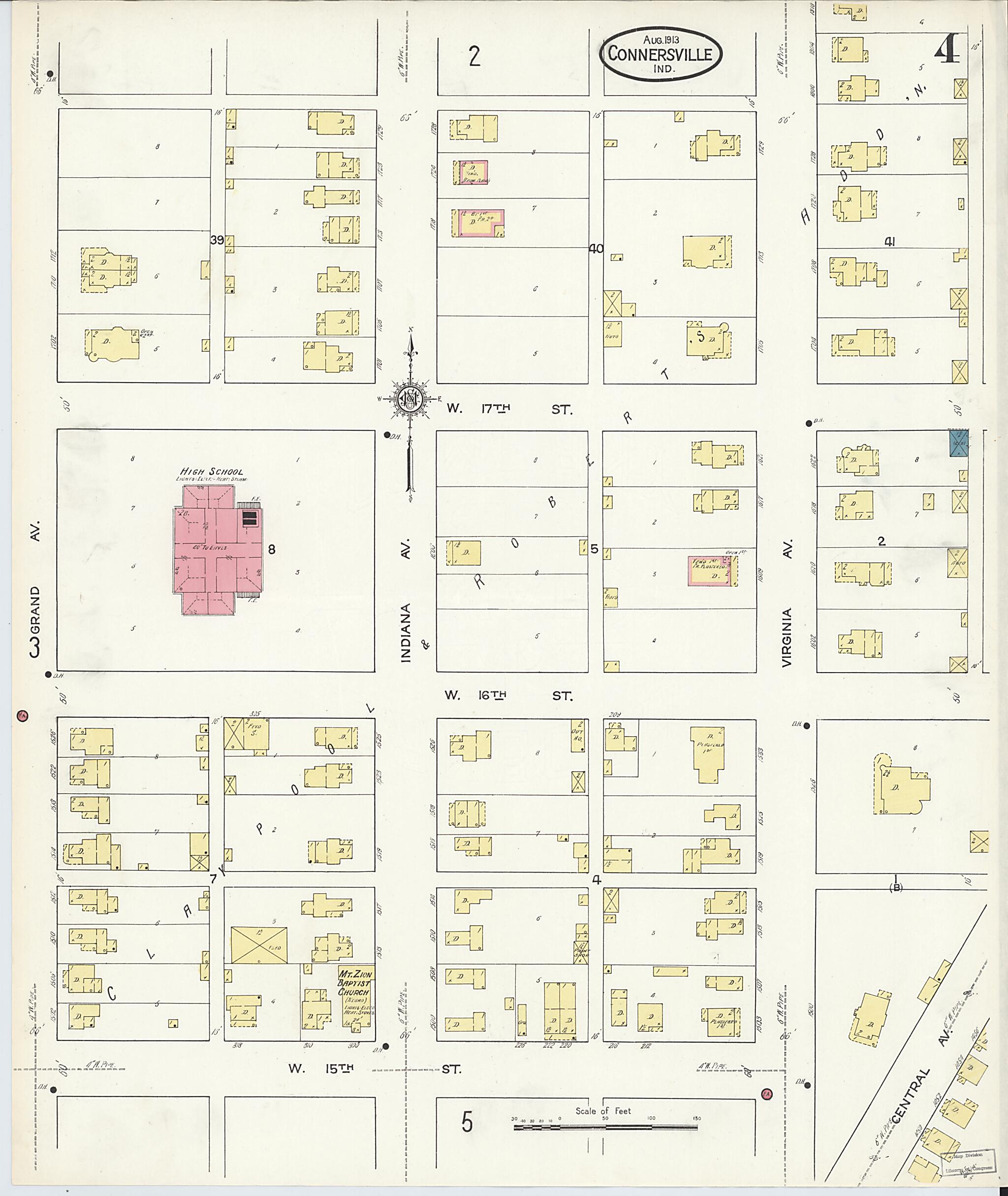 This old map of East Connersville, Fayette County, Indiana was created by Sanborn Map Company in 1913