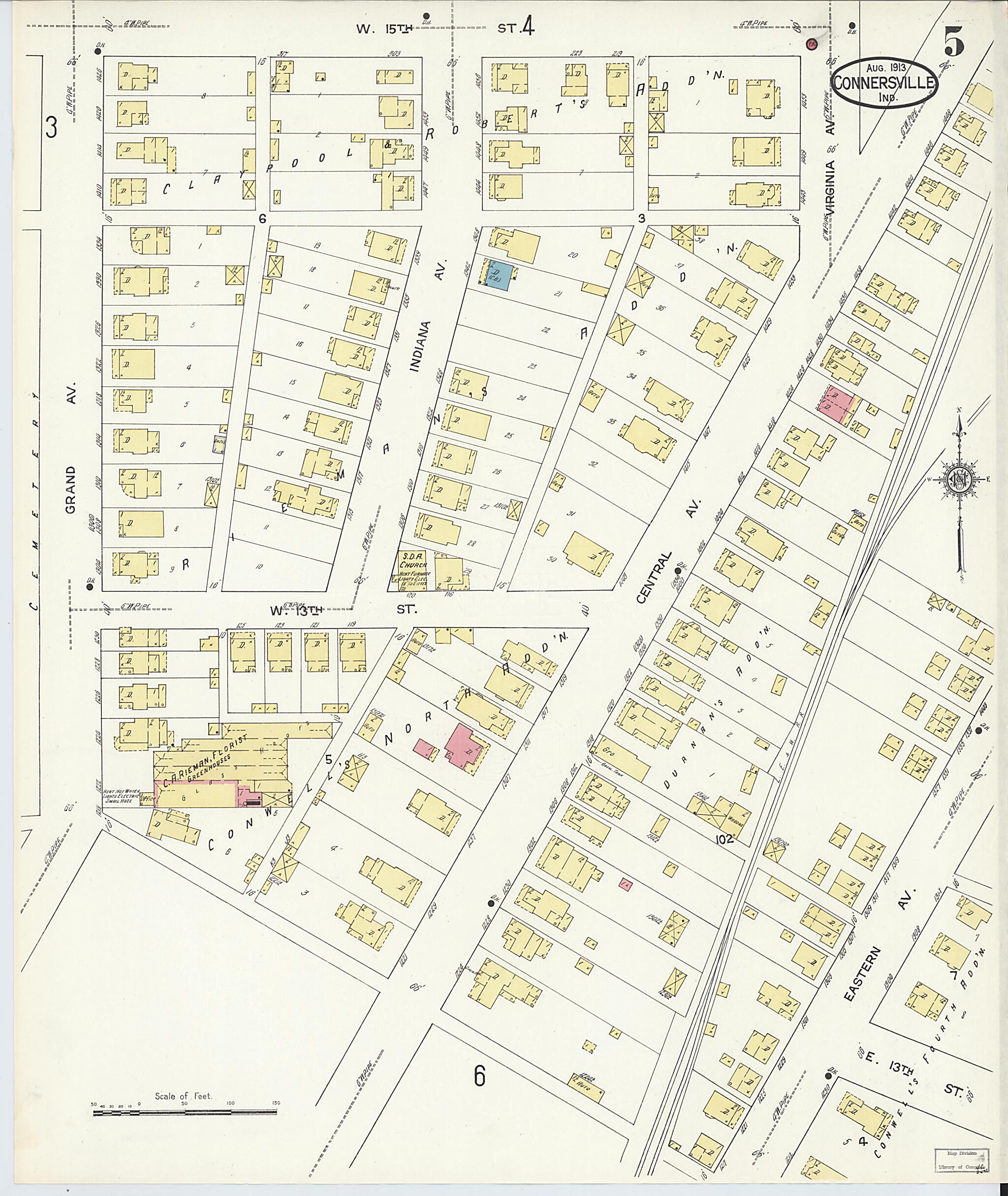 This old map of East Connersville, Fayette County, Indiana was created by Sanborn Map Company in 1913