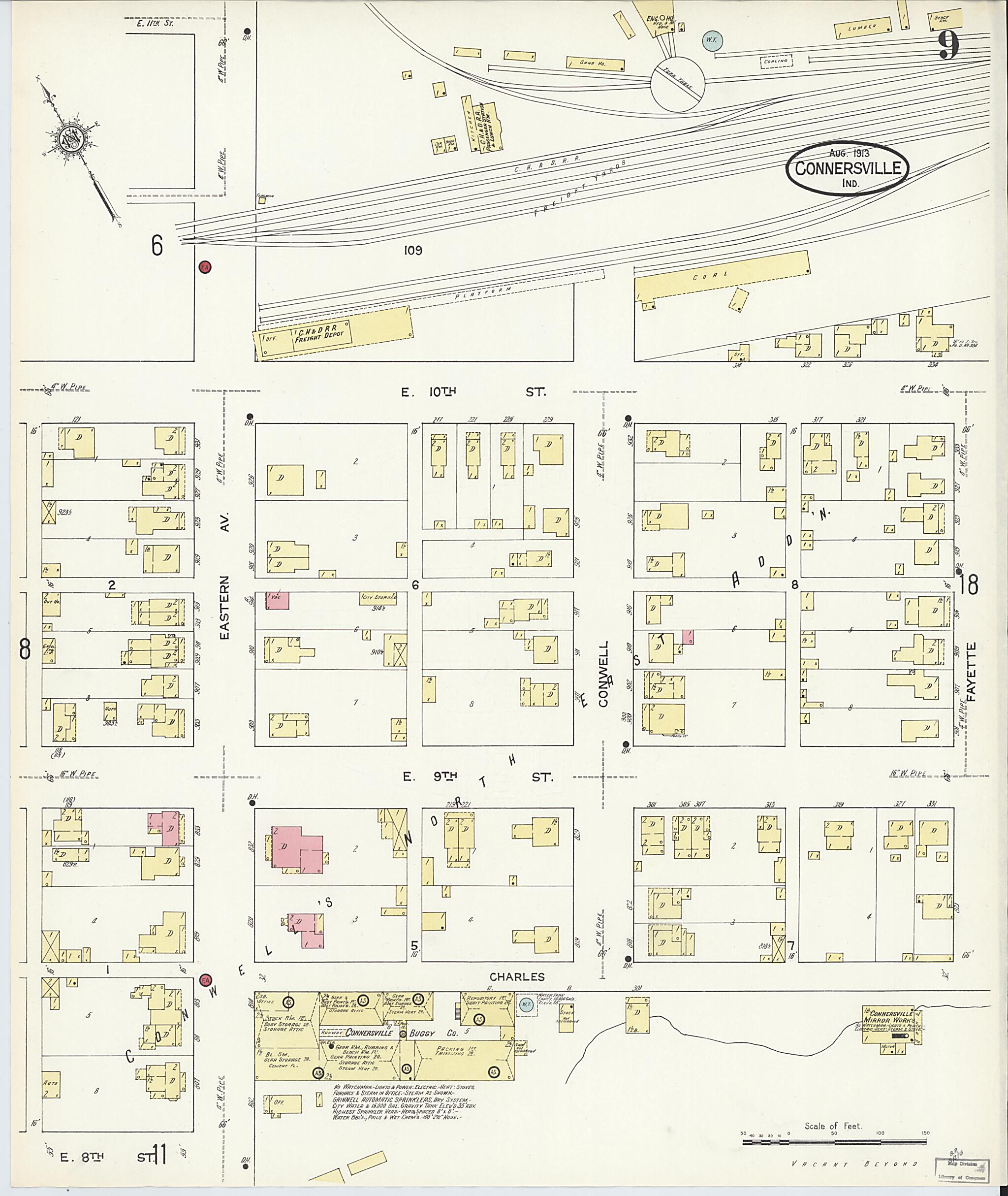 This old map of East Connersville, Fayette County, Indiana was created by Sanborn Map Company in 1913