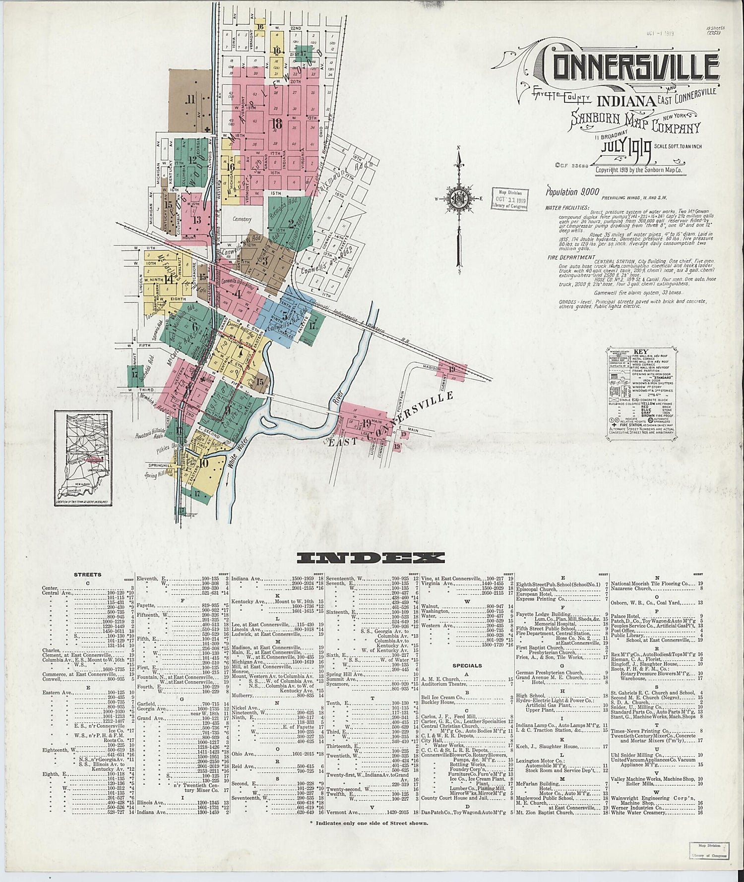 This old map of East Connersville, Fayette County, Indiana was created by Sanborn Map Company in 1919