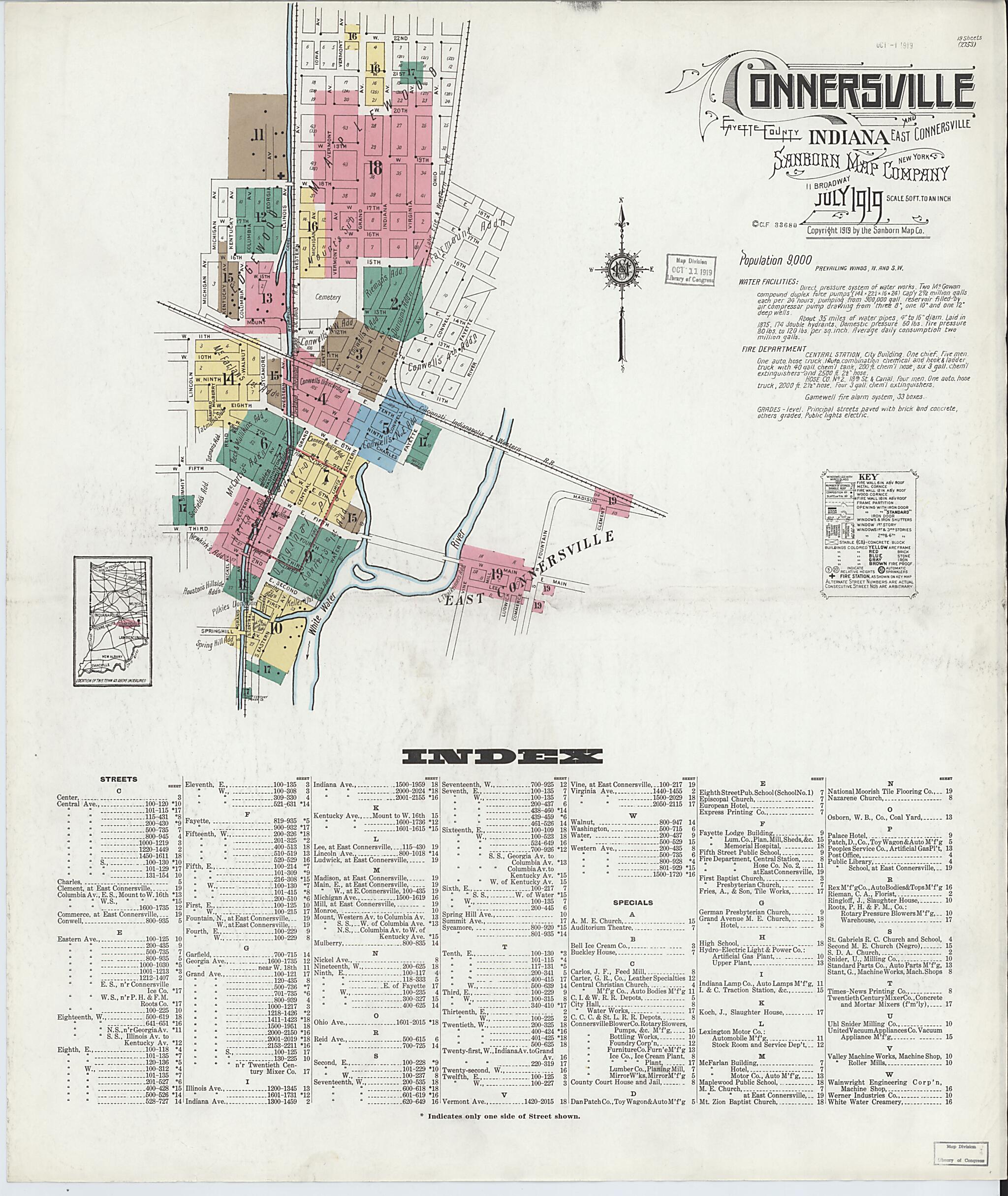 This old map of East Connersville, Fayette County, Indiana was created by Sanborn Map Company in 1919