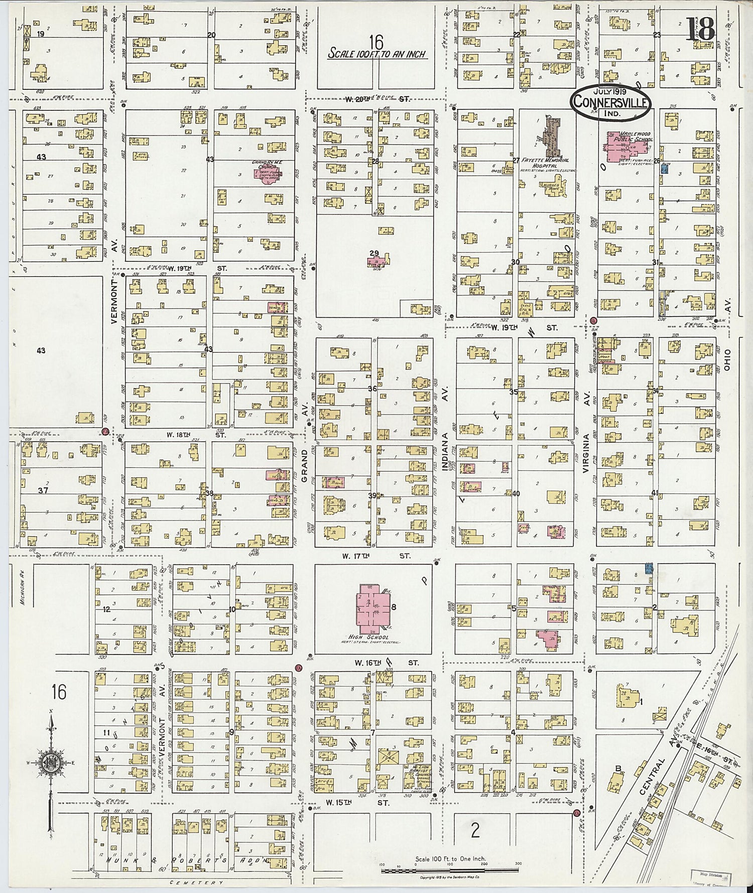 This old map of East Connersville, Fayette County, Indiana was created by Sanborn Map Company in 1919