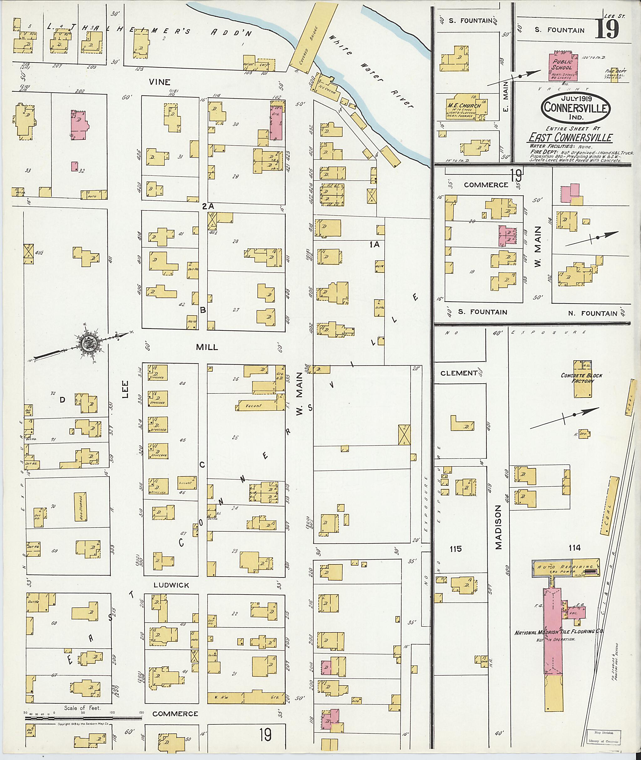 This old map of East Connersville, Fayette County, Indiana was created by Sanborn Map Company in 1919