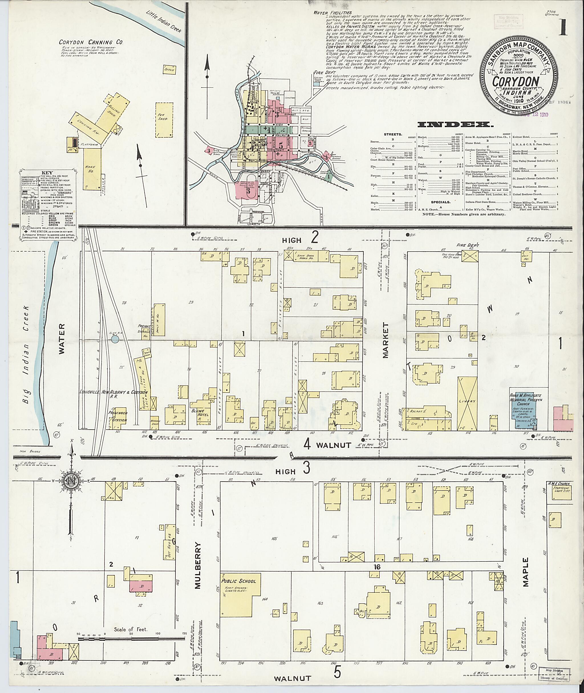 This old map of Corydon, Harrison County, Indiana was created by Sanborn Map Company in 1910