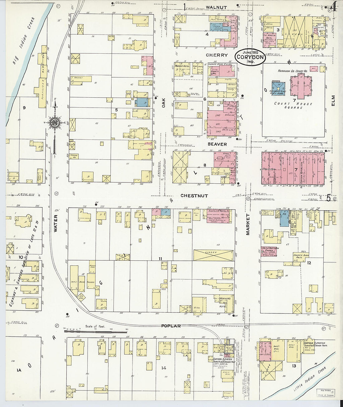 This old map of Corydon, Harrison County, Indiana was created by Sanborn Map Company in 1910