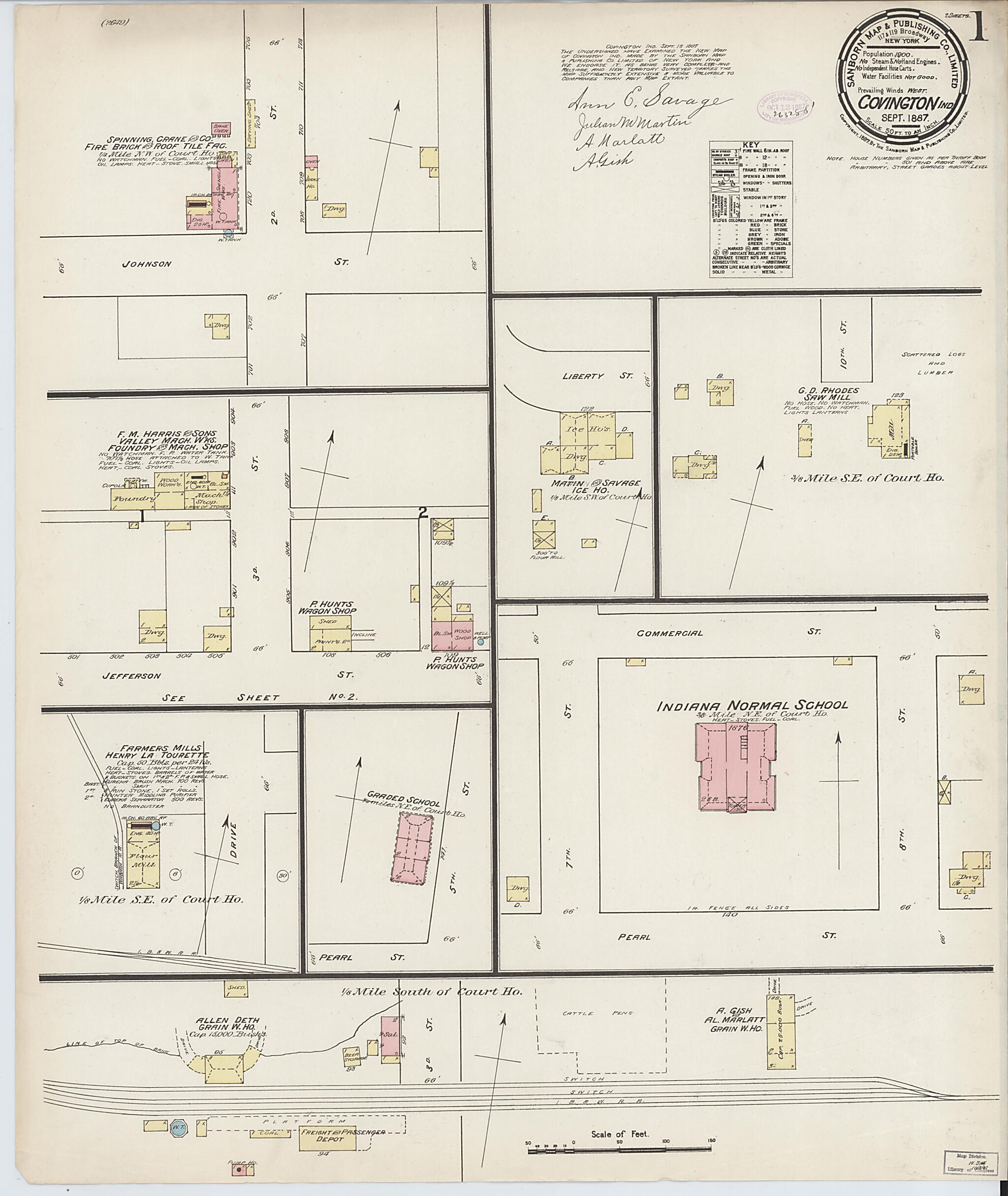 This old map of Covington, Fountain County, Indiana was created by Sanborn Map Company in 1887