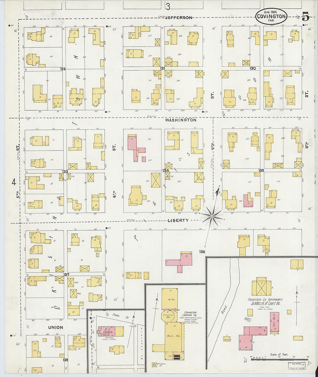 This old map of Covington, Fountain County, Indiana was created by Sanborn Map Company in 1905