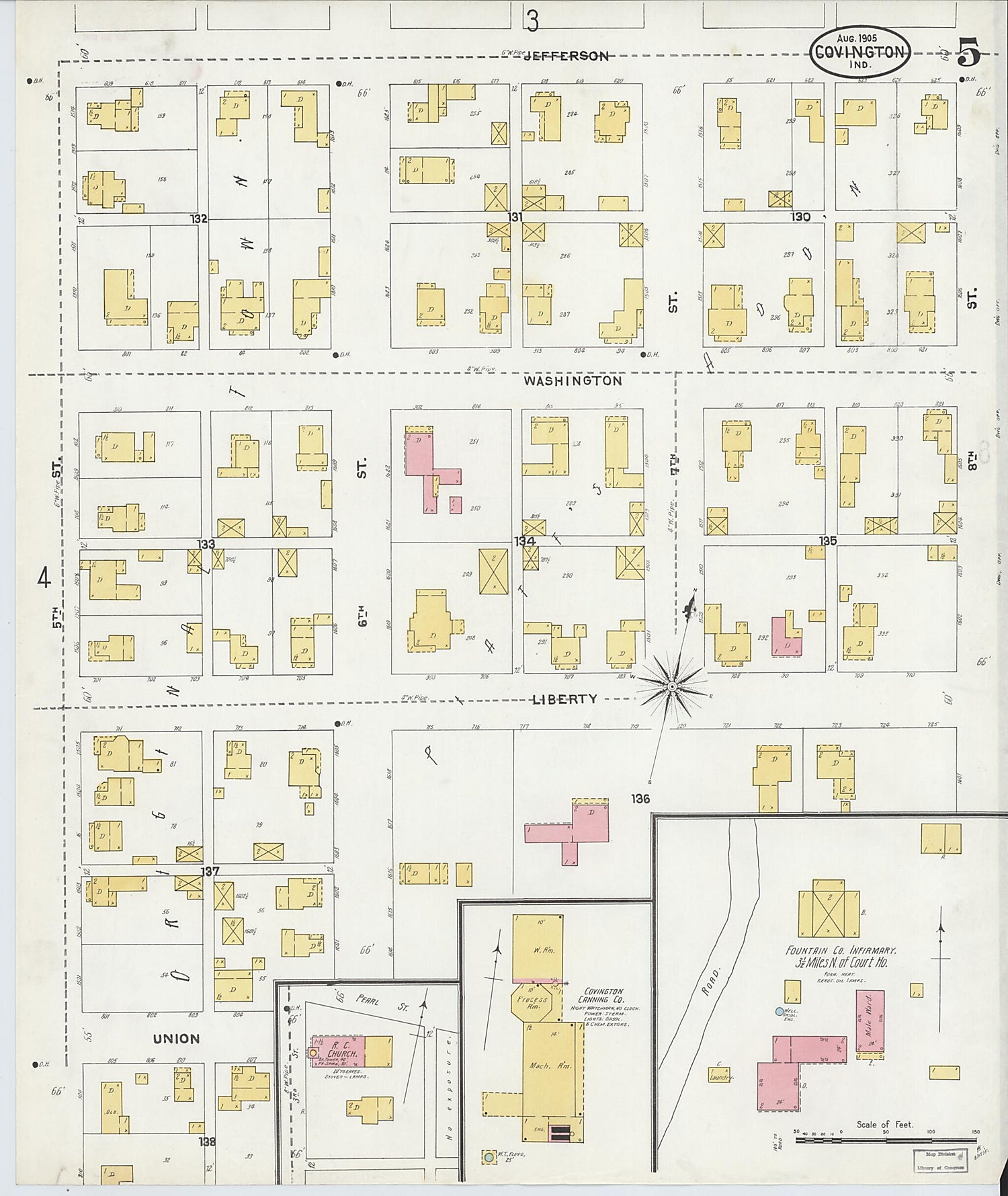 This old map of Covington, Fountain County, Indiana was created by Sanborn Map Company in 1905