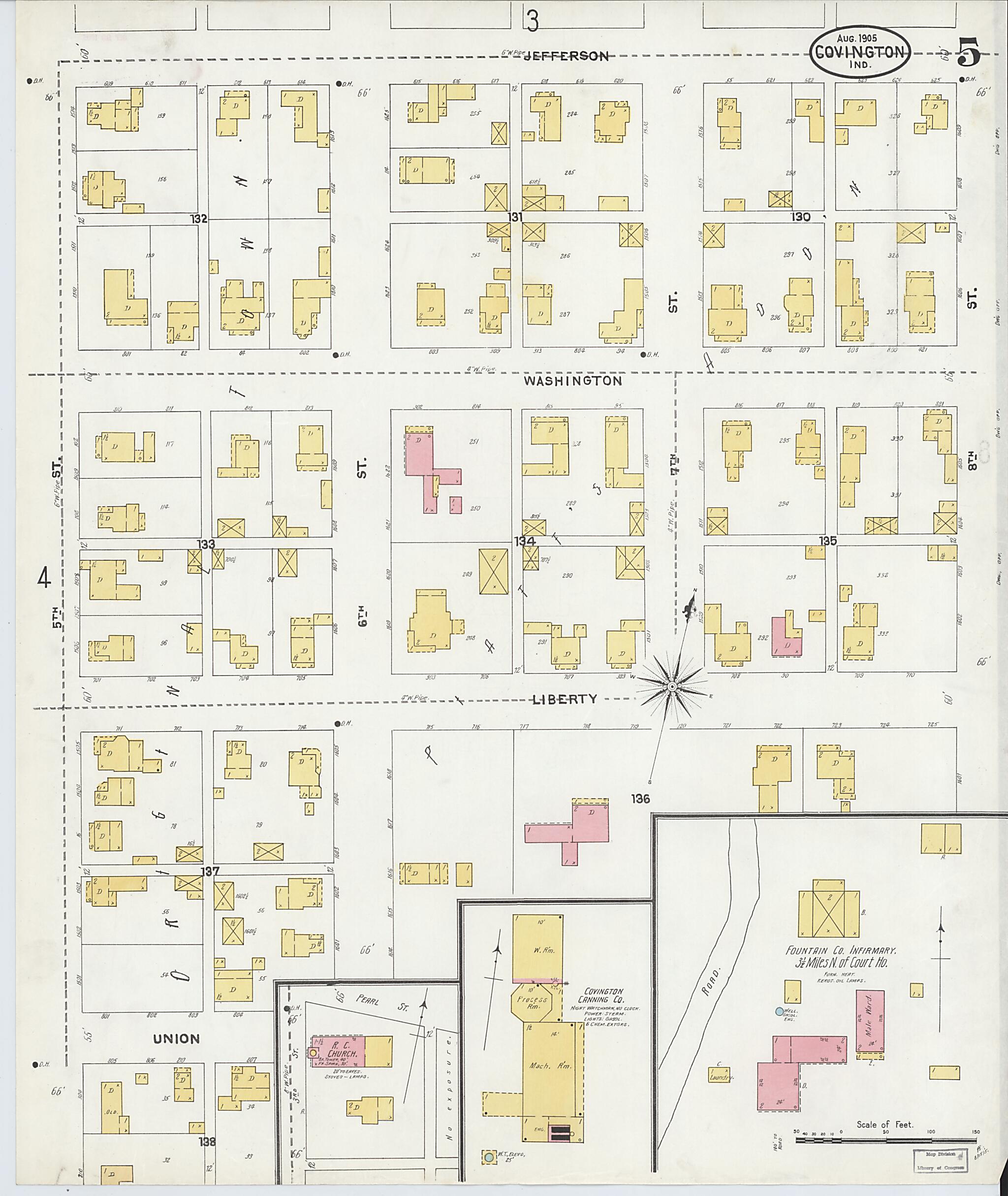 This old map of Covington, Fountain County, Indiana was created by Sanborn Map Company in 1905