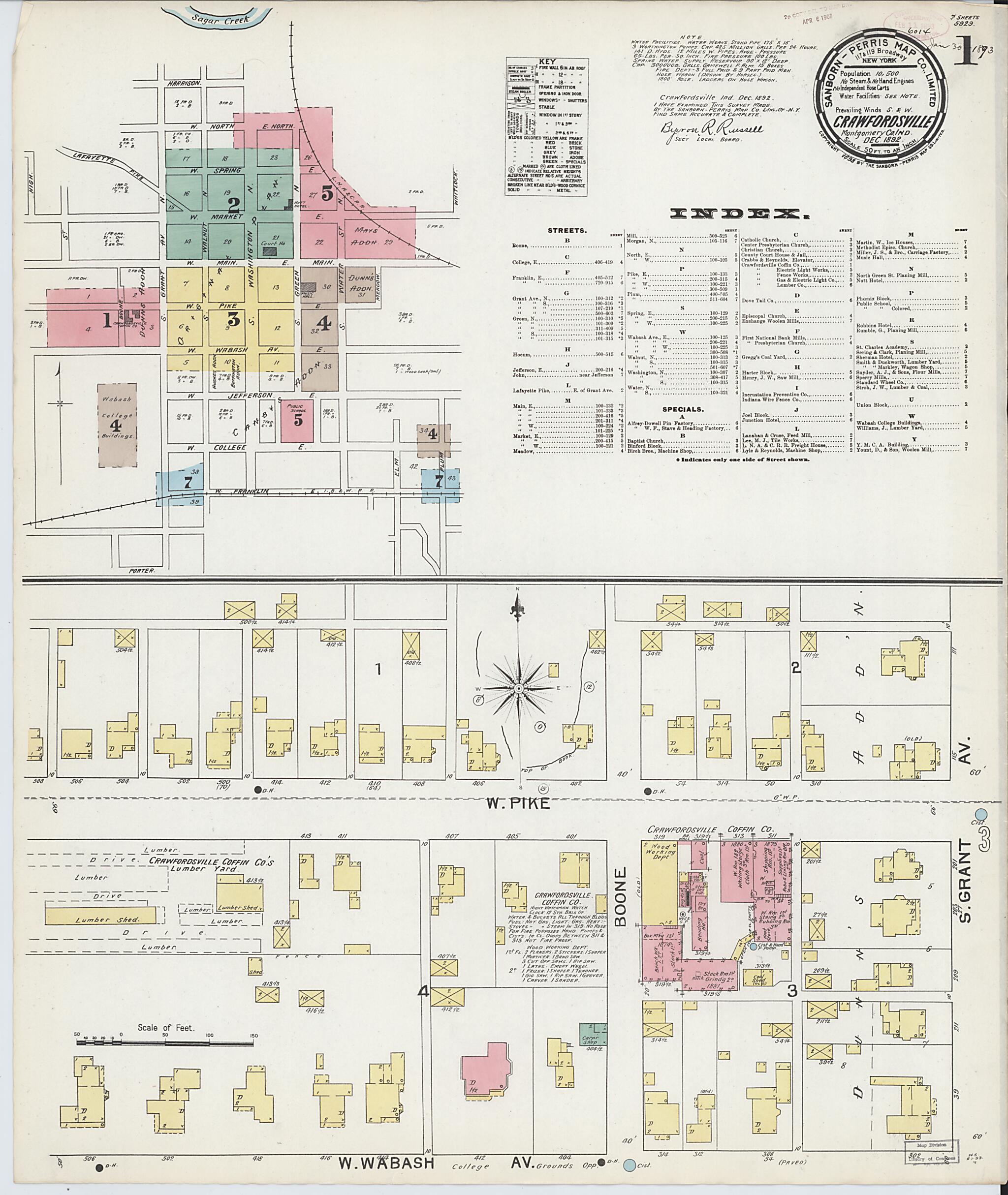 This old map of Crawfordsville, Montgomery County, Indiana was created by Sanborn Map Company in 1887