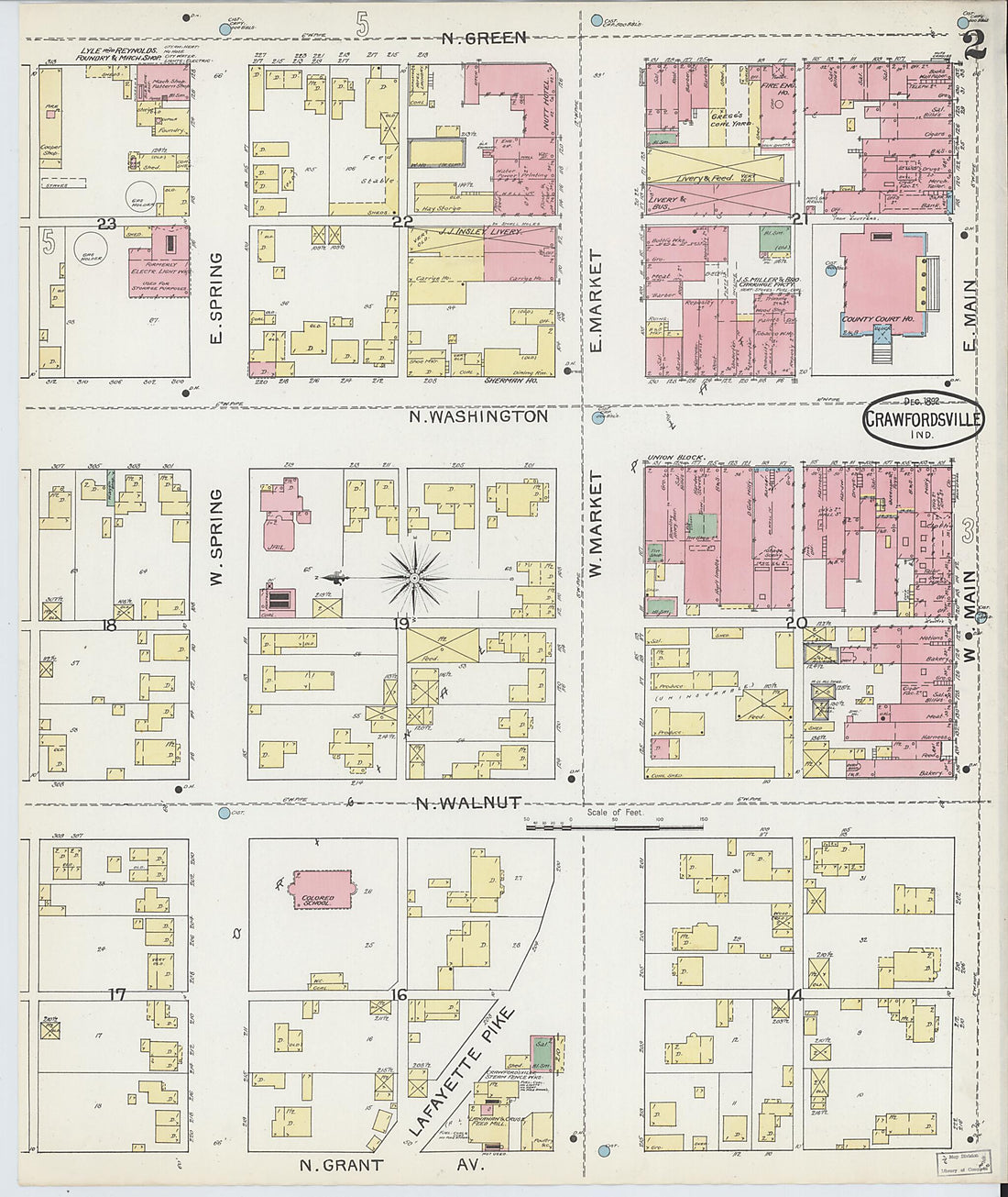 This old map of Crawfordsville, Montgomery County, Indiana was created by Sanborn Map Company in 1887