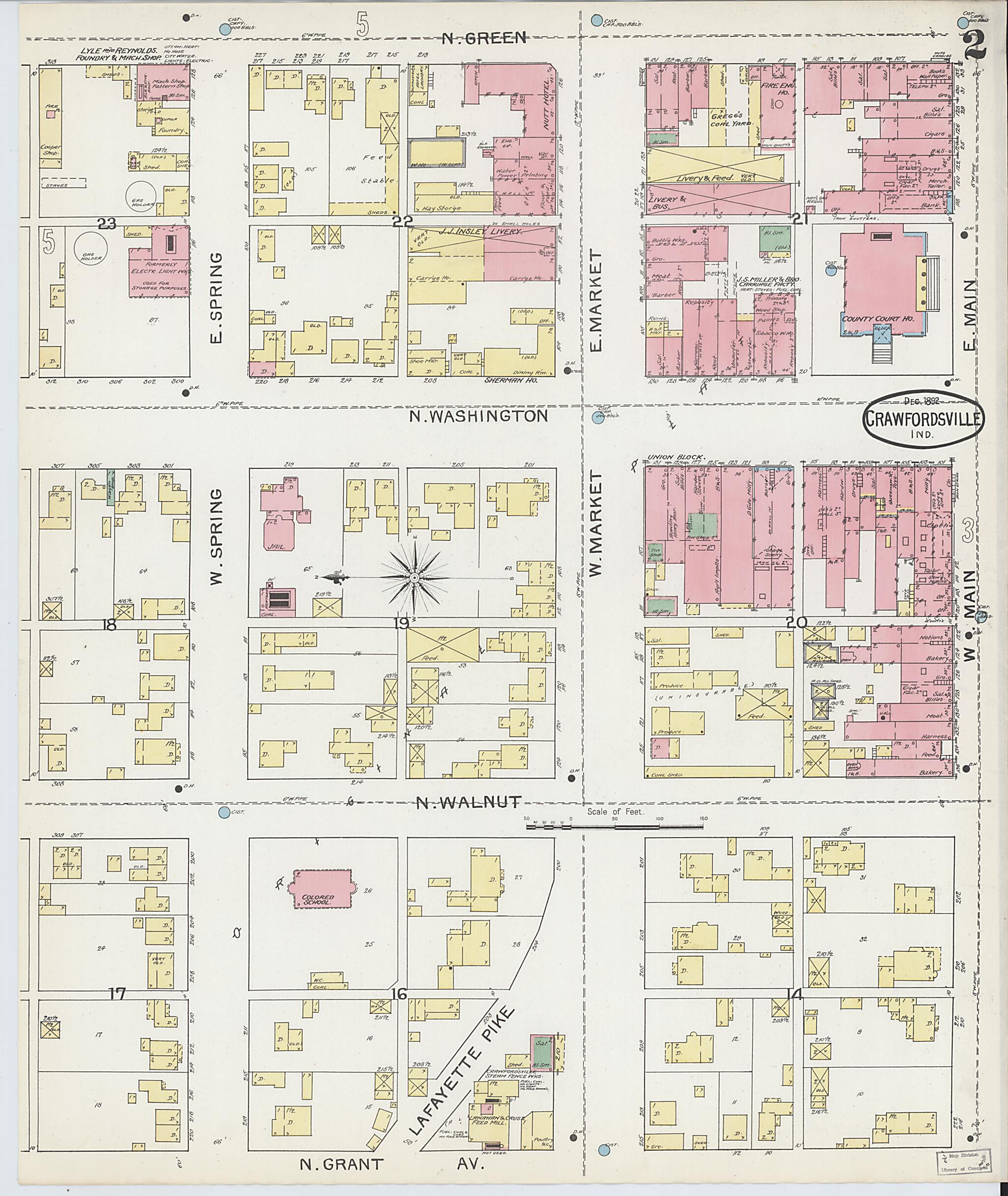 This old map of Crawfordsville, Montgomery County, Indiana was created by Sanborn Map Company in 1887