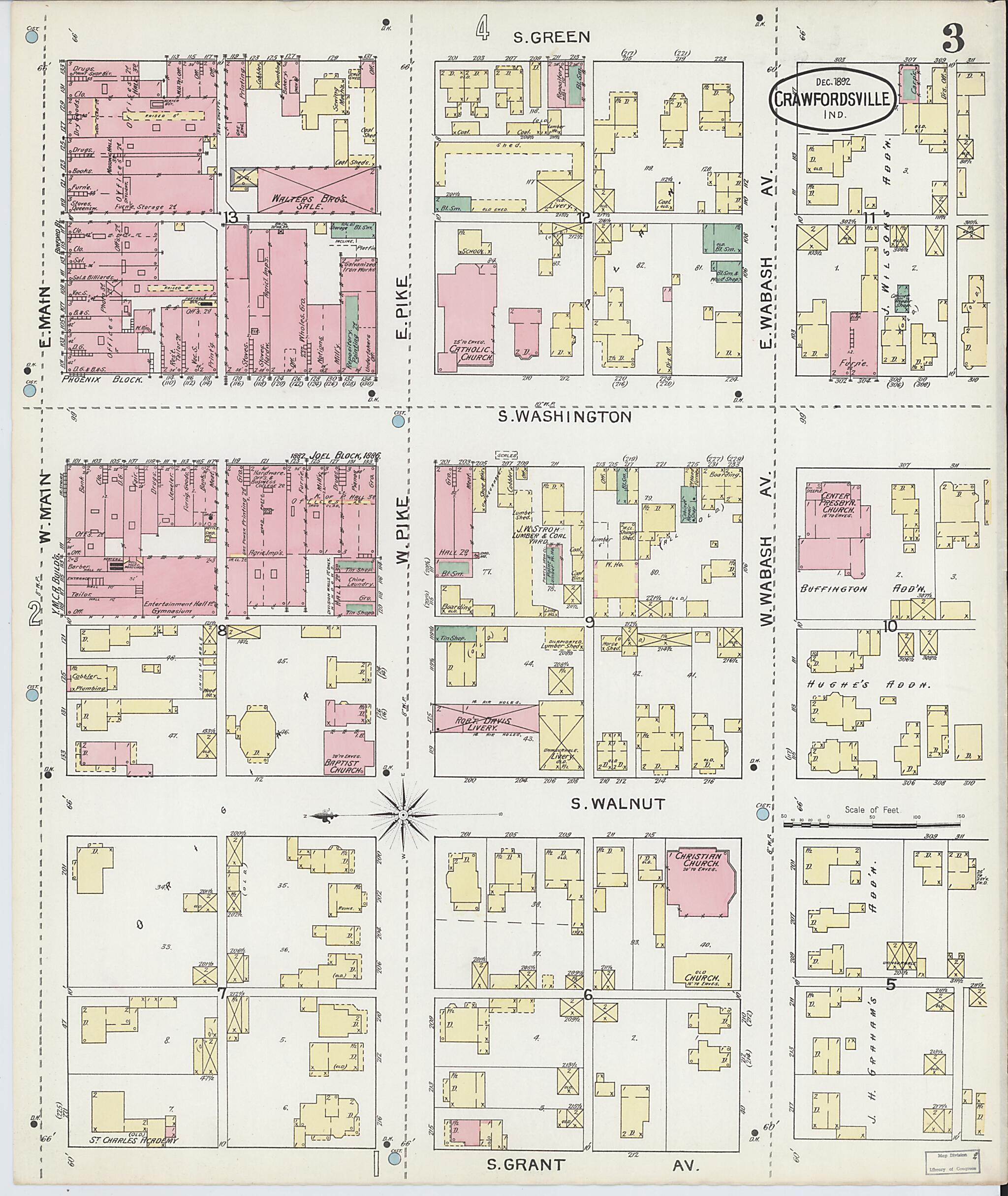 This old map of Crawfordsville, Montgomery County, Indiana was created by Sanborn Map Company in 1887