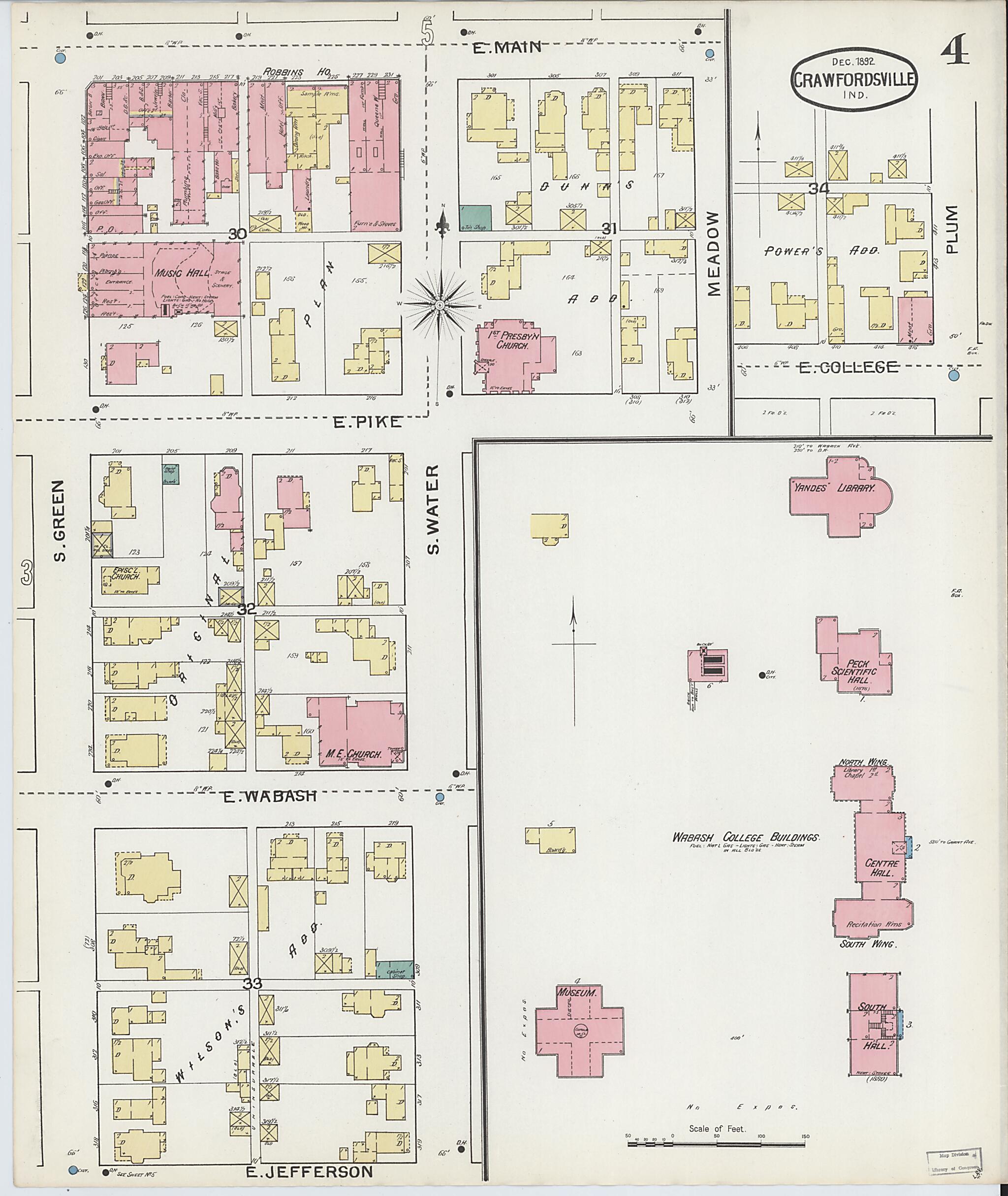 This old map of Crawfordsville, Montgomery County, Indiana was created by Sanborn Map Company in 1887