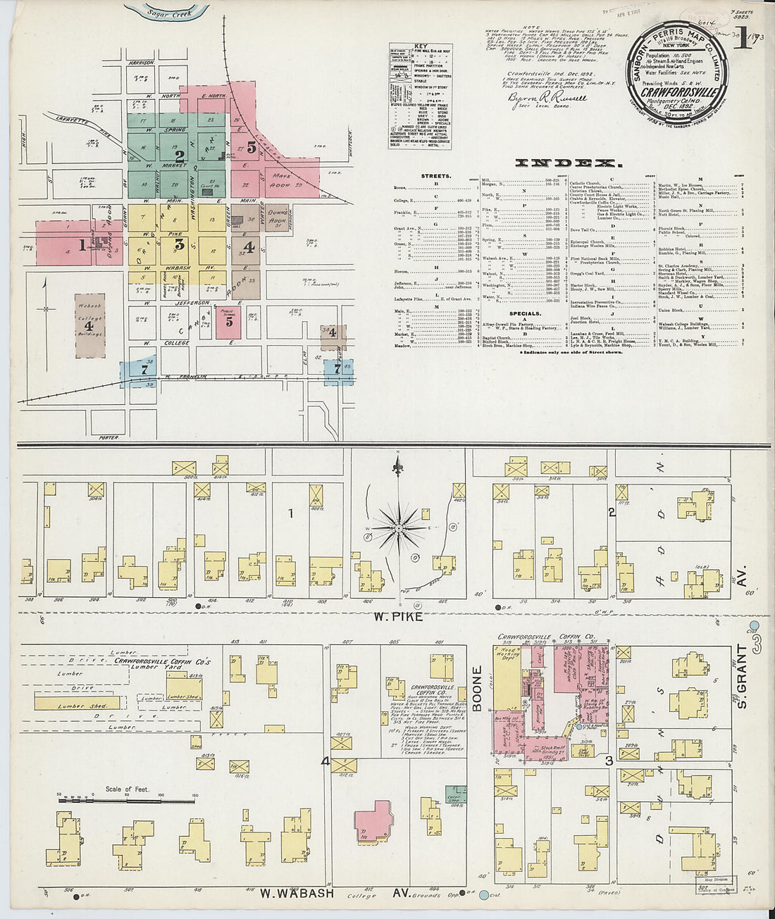 This old map of Crawfordsville, Montgomery County, Indiana was created by Sanborn Map Company in 1892