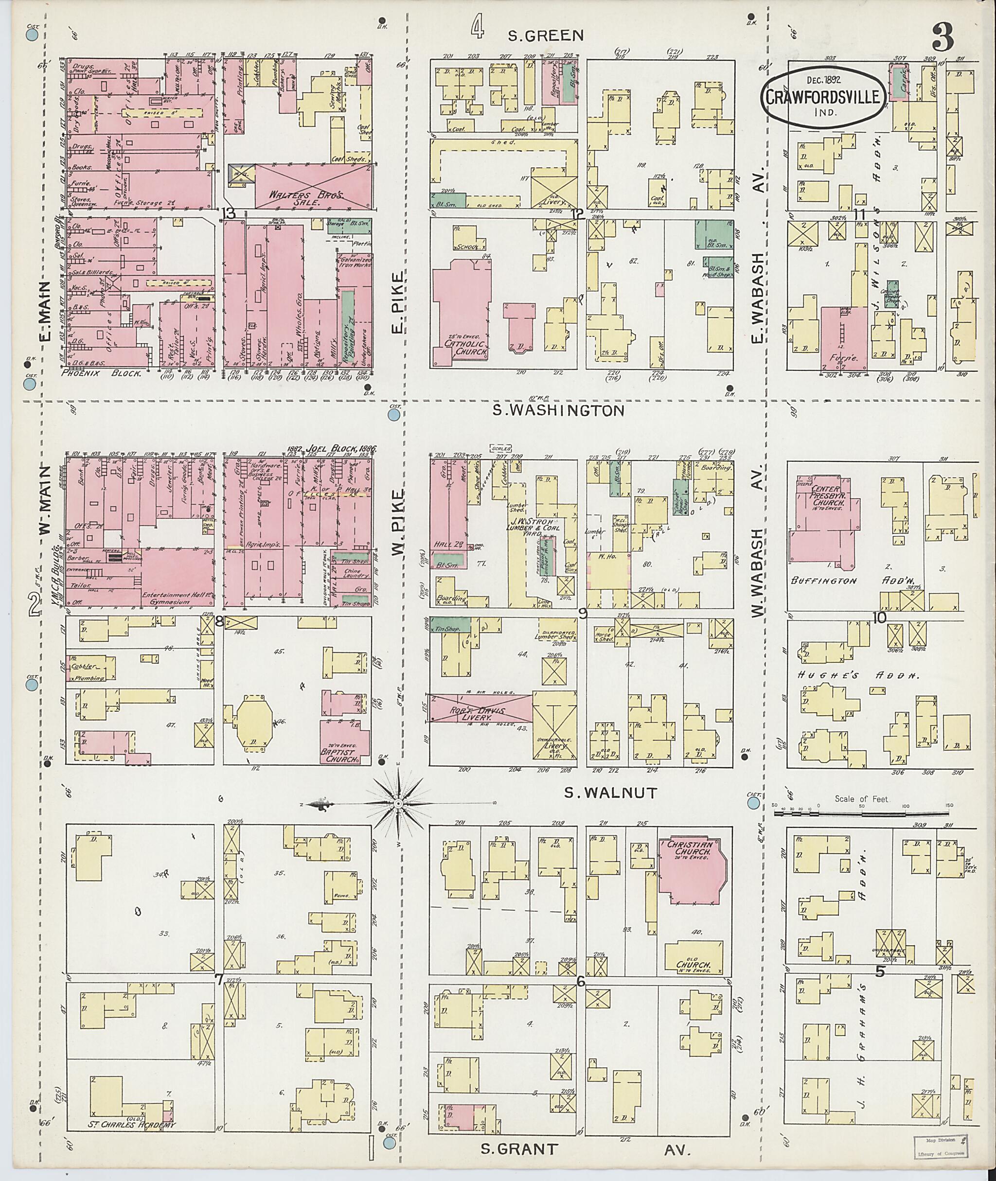 This old map of Crawfordsville, Montgomery County, Indiana was created by Sanborn Map Company in 1892