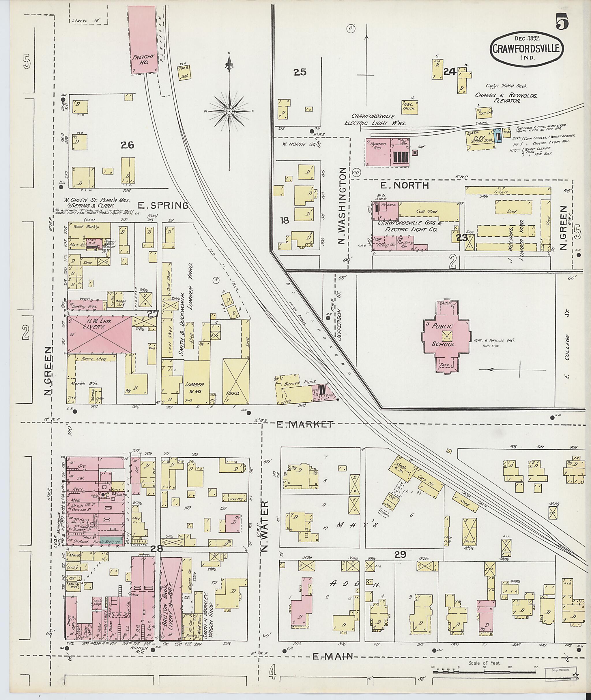 This old map of Crawfordsville, Montgomery County, Indiana was created by Sanborn Map Company in 1892