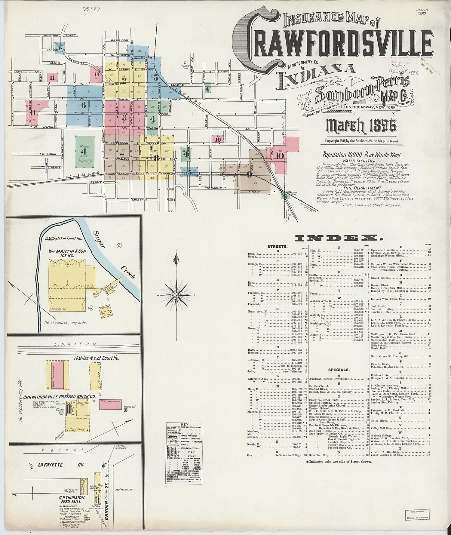 This old map of Crawfordsville, Montgomery County, Indiana was created by Sanborn Map Company in 1896