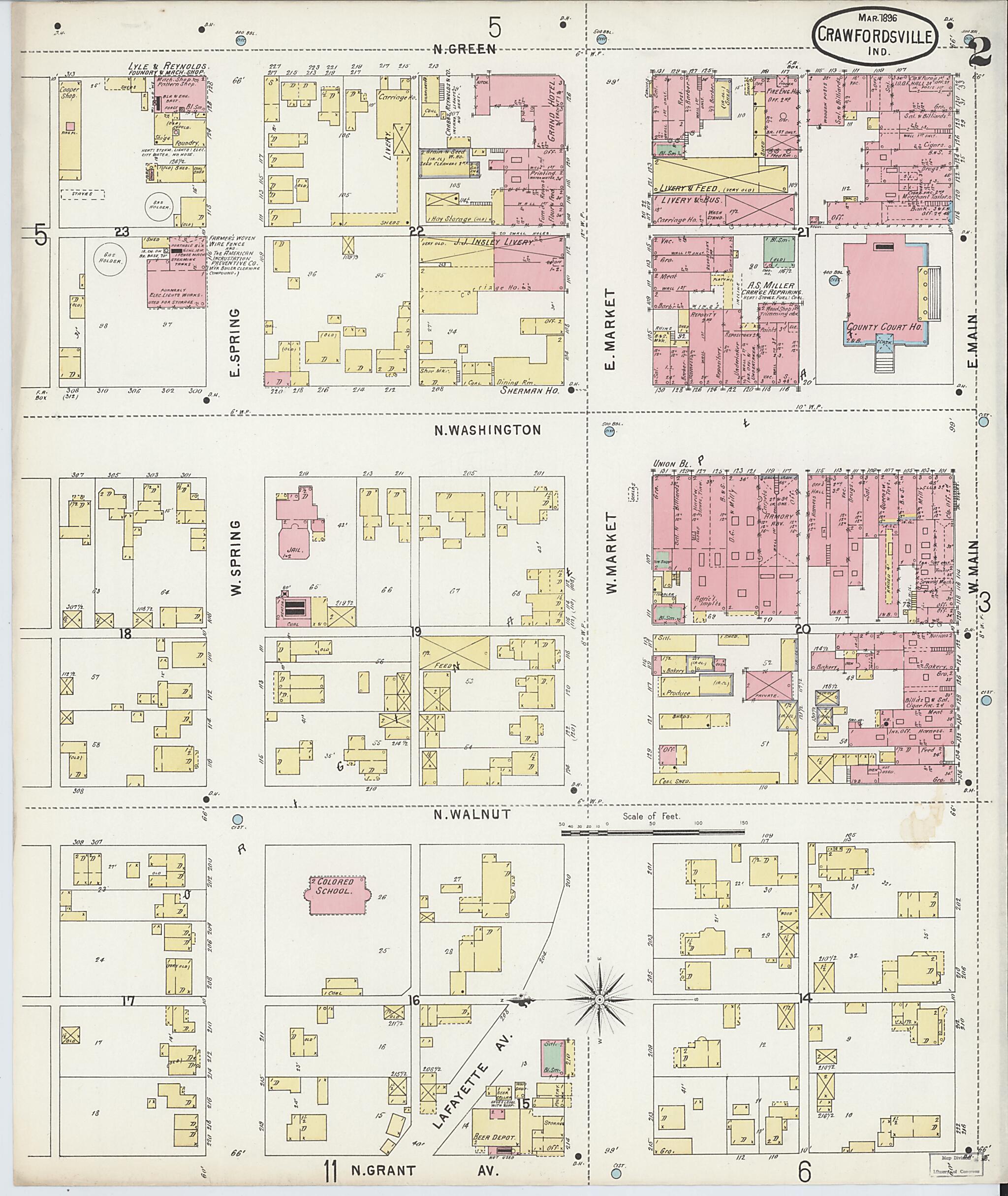 This old map of Crawfordsville, Montgomery County, Indiana was created by Sanborn Map Company in 1896