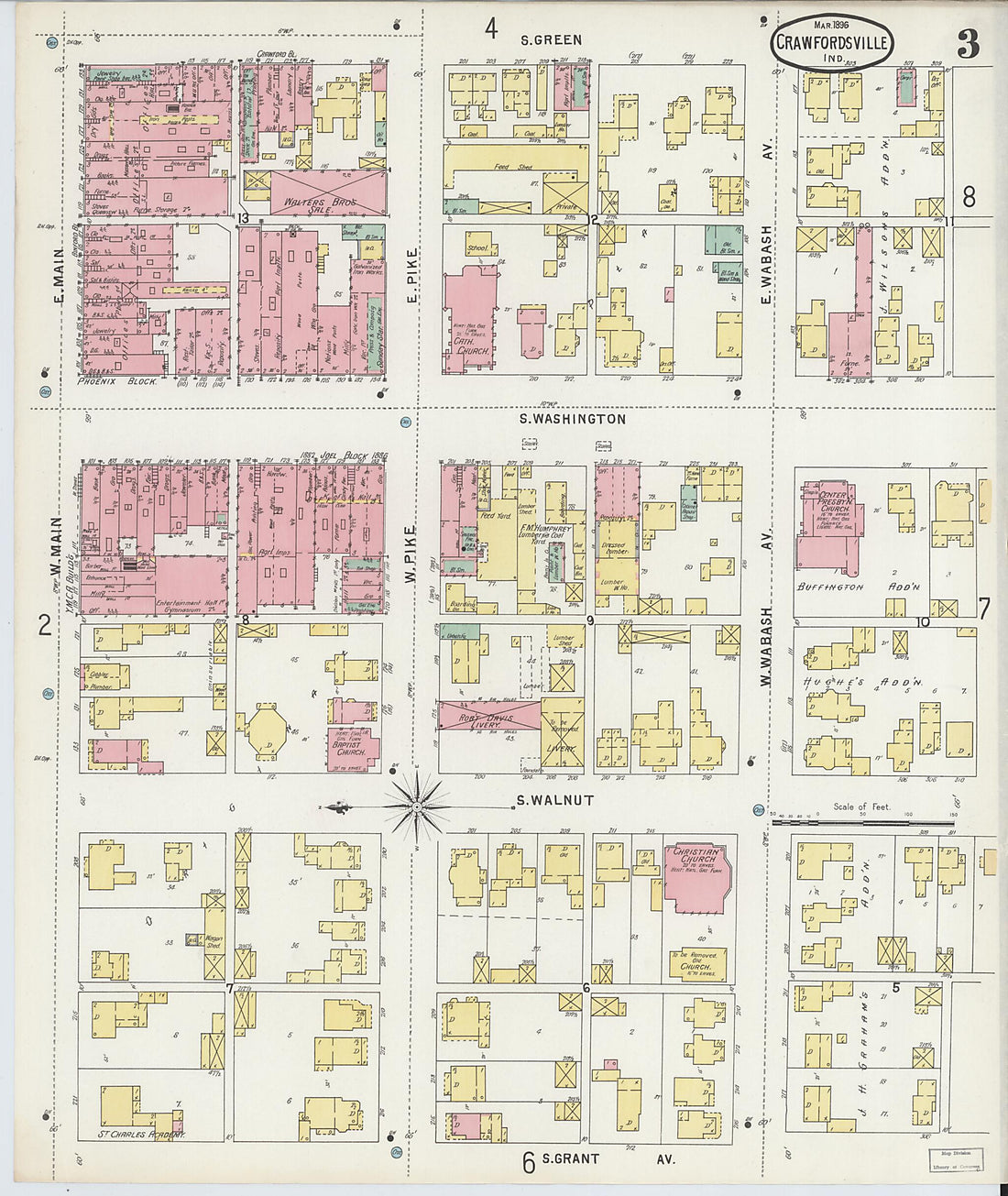 This old map of Crawfordsville, Montgomery County, Indiana was created by Sanborn Map Company in 1896