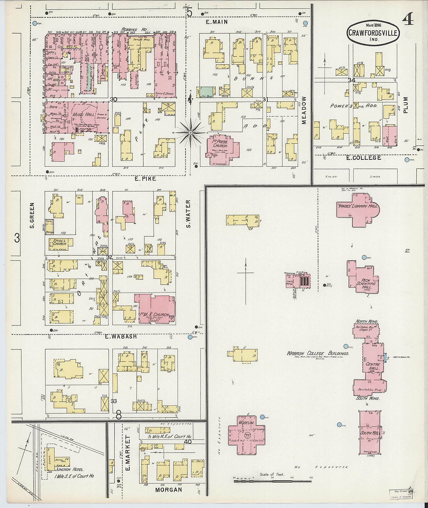 This old map of Crawfordsville, Montgomery County, Indiana was created by Sanborn Map Company in 1896