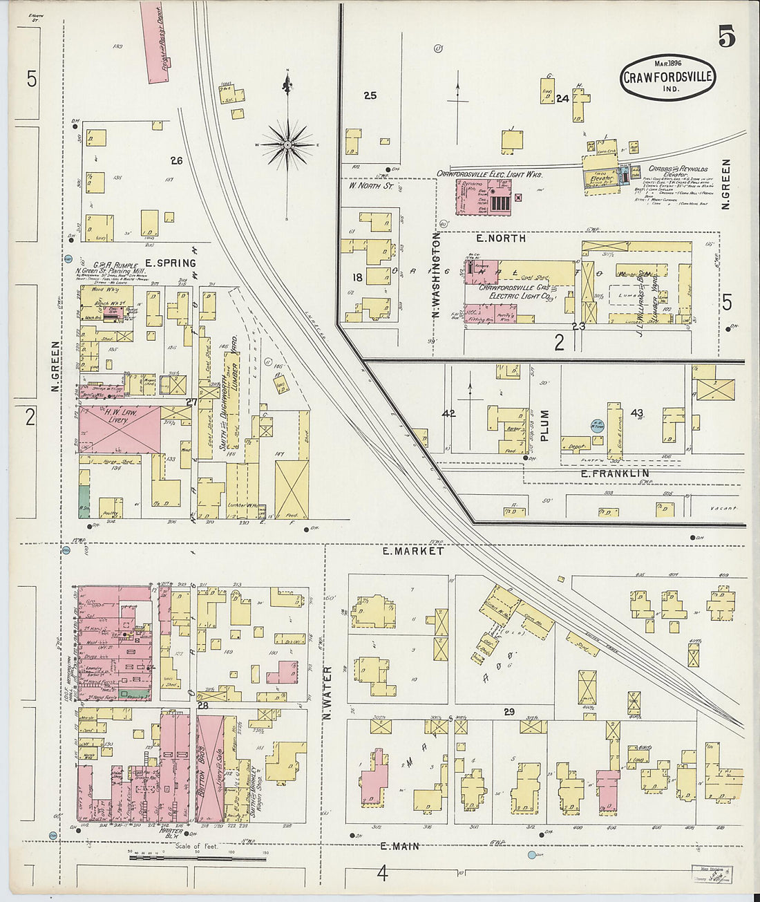 This old map of Crawfordsville, Montgomery County, Indiana was created by Sanborn Map Company in 1896