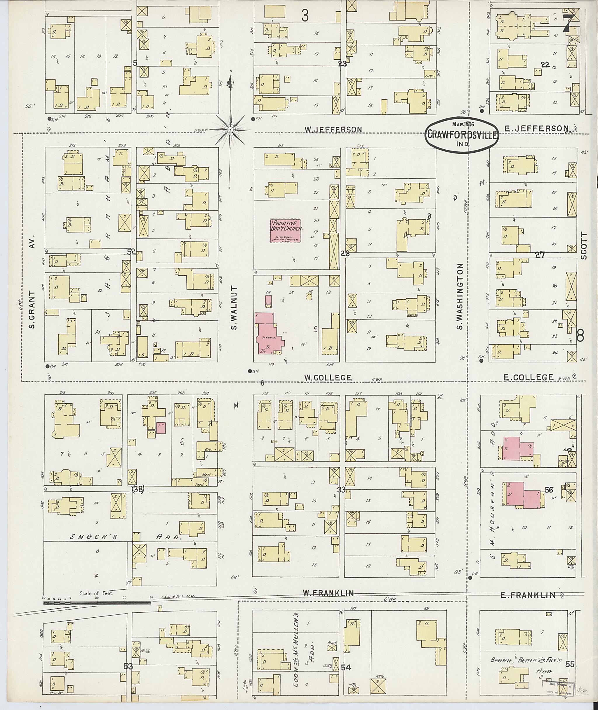 This old map of Crawfordsville, Montgomery County, Indiana was created by Sanborn Map Company in 1896