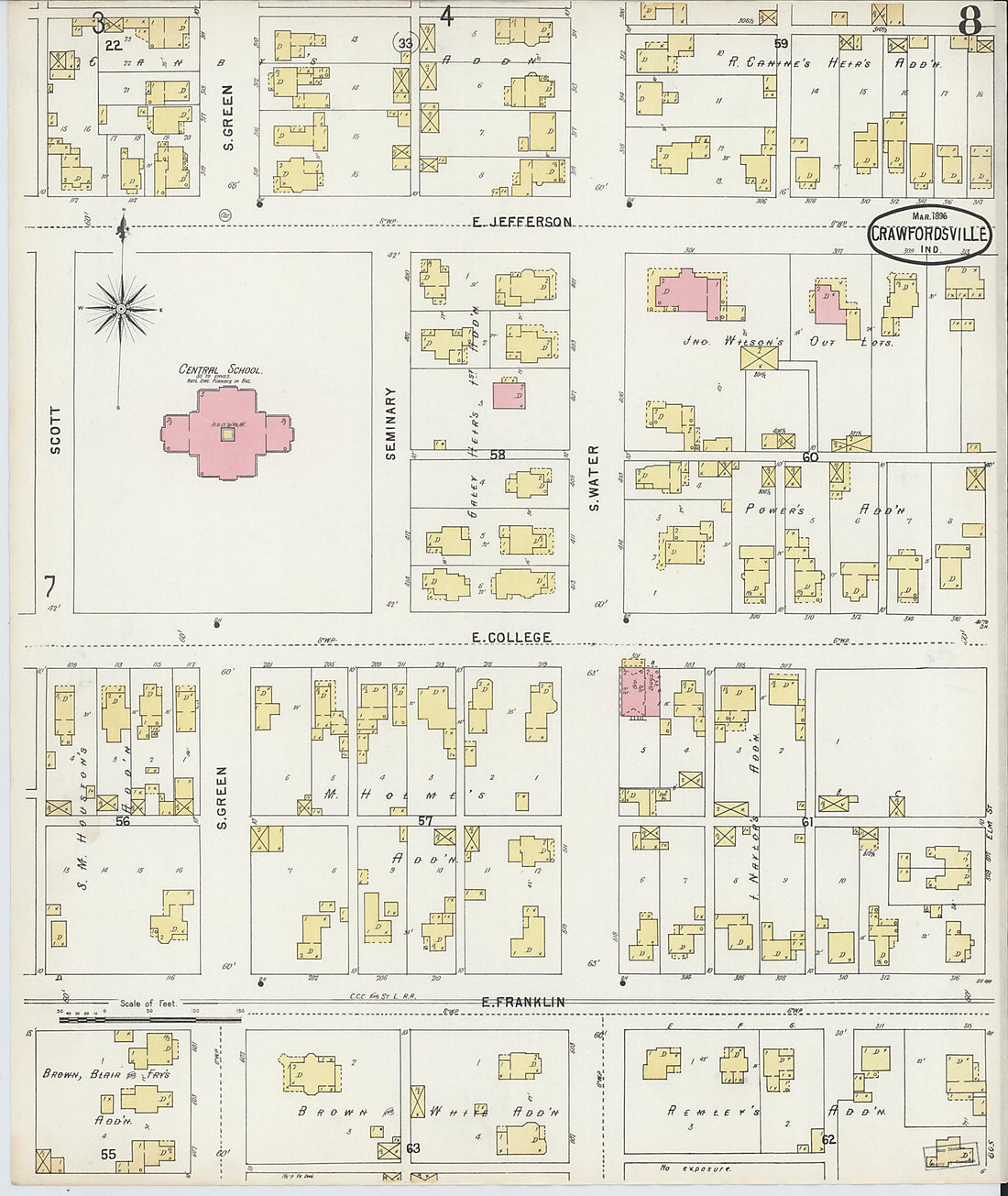 This old map of Crawfordsville, Montgomery County, Indiana was created by Sanborn Map Company in 1896