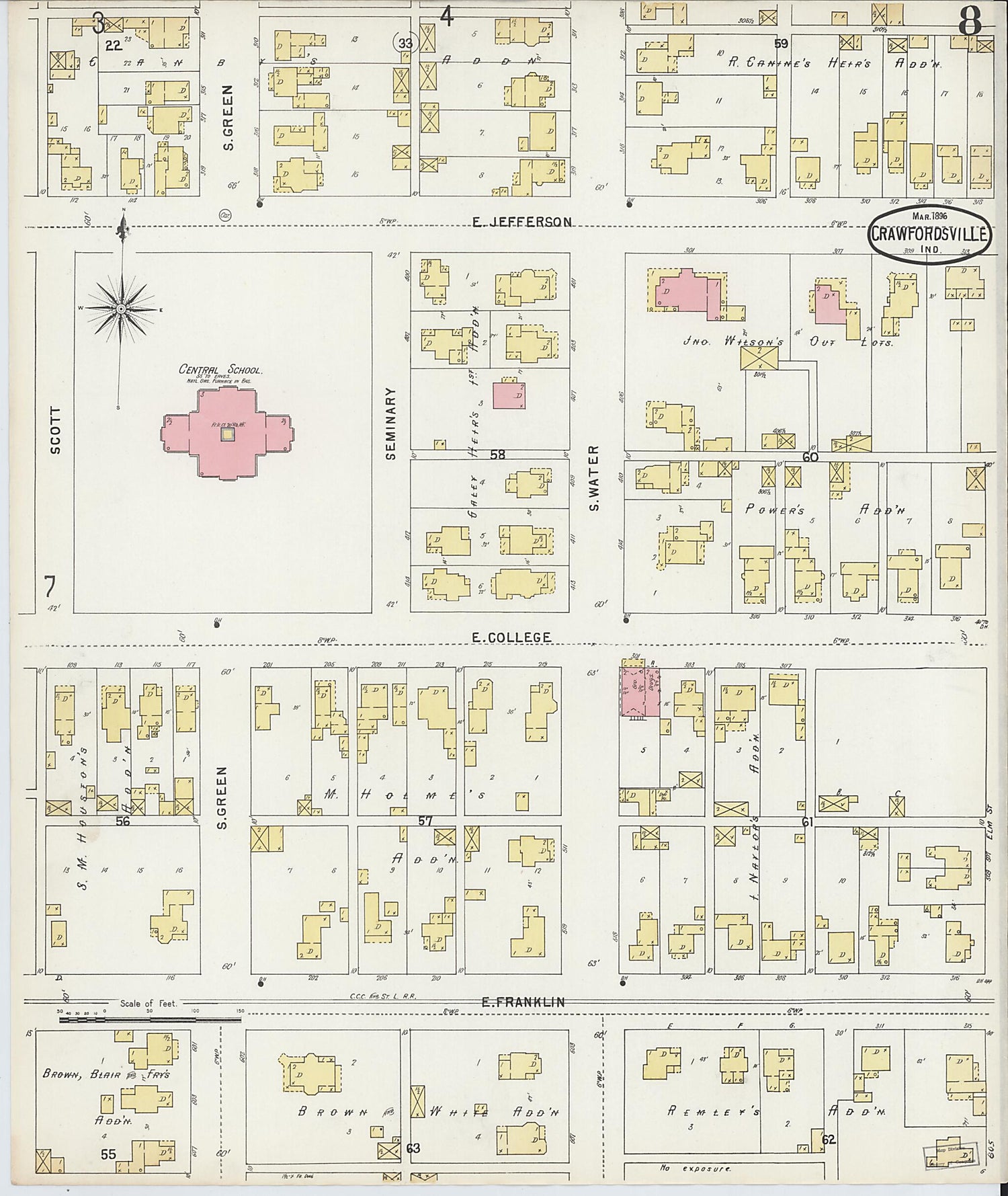 This old map of Crawfordsville, Montgomery County, Indiana was created by Sanborn Map Company in 1896