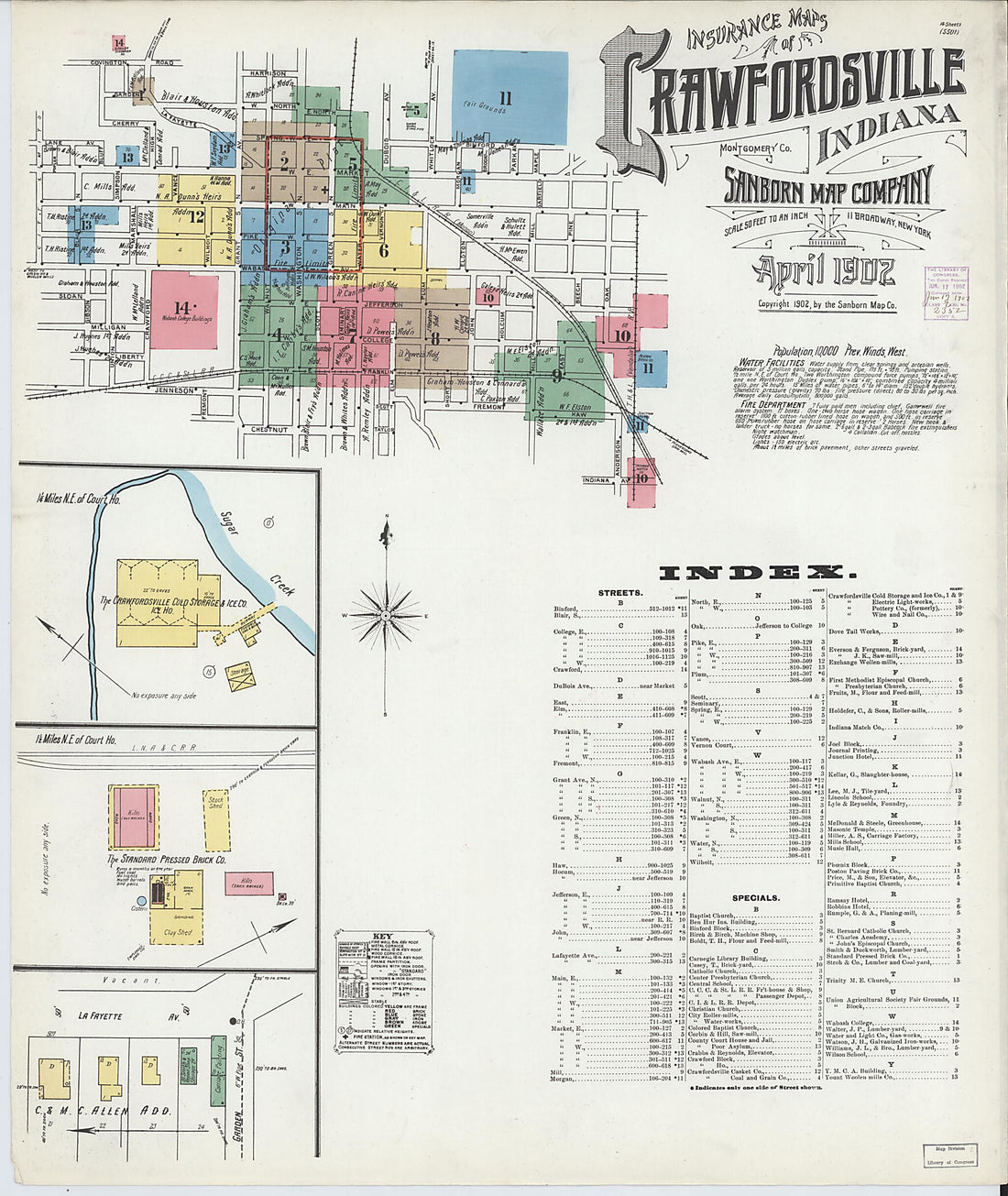 This old map of Crawfordsville, Montgomery County, Indiana was created by Sanborn Map Company in 1902