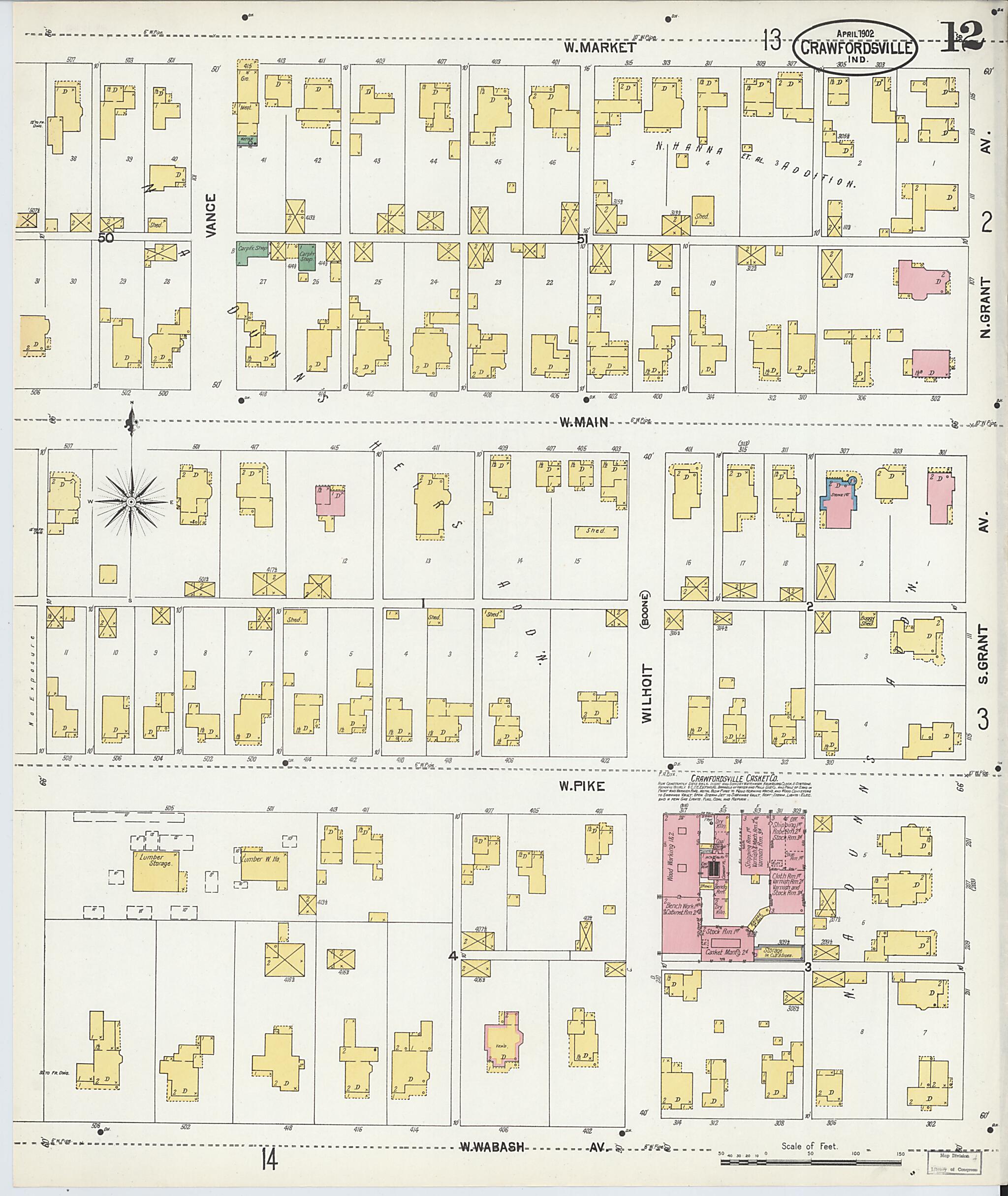 This old map of Crawfordsville, Montgomery County, Indiana was created by Sanborn Map Company in 1902