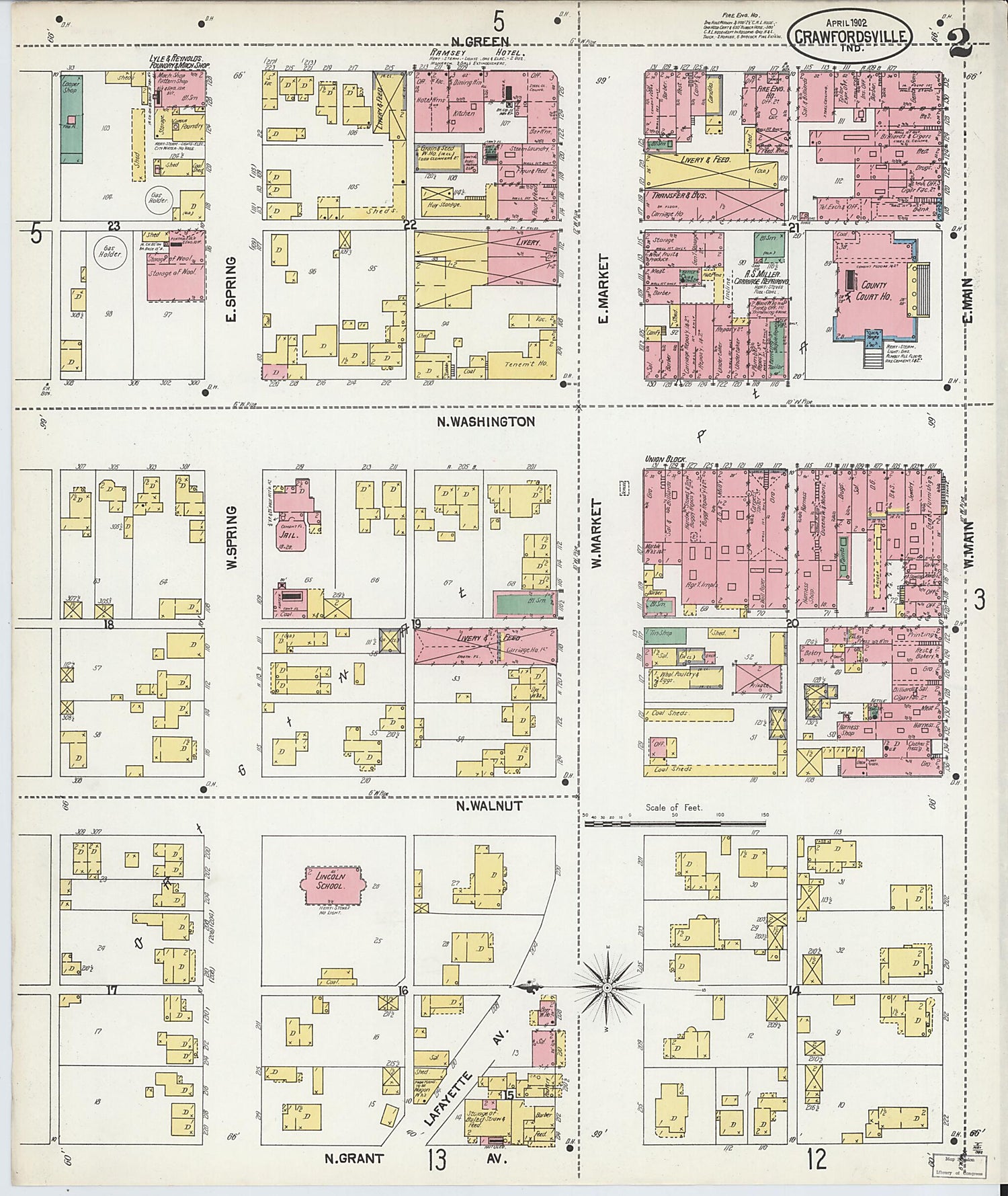 This old map of Crawfordsville, Montgomery County, Indiana was created by Sanborn Map Company in 1902