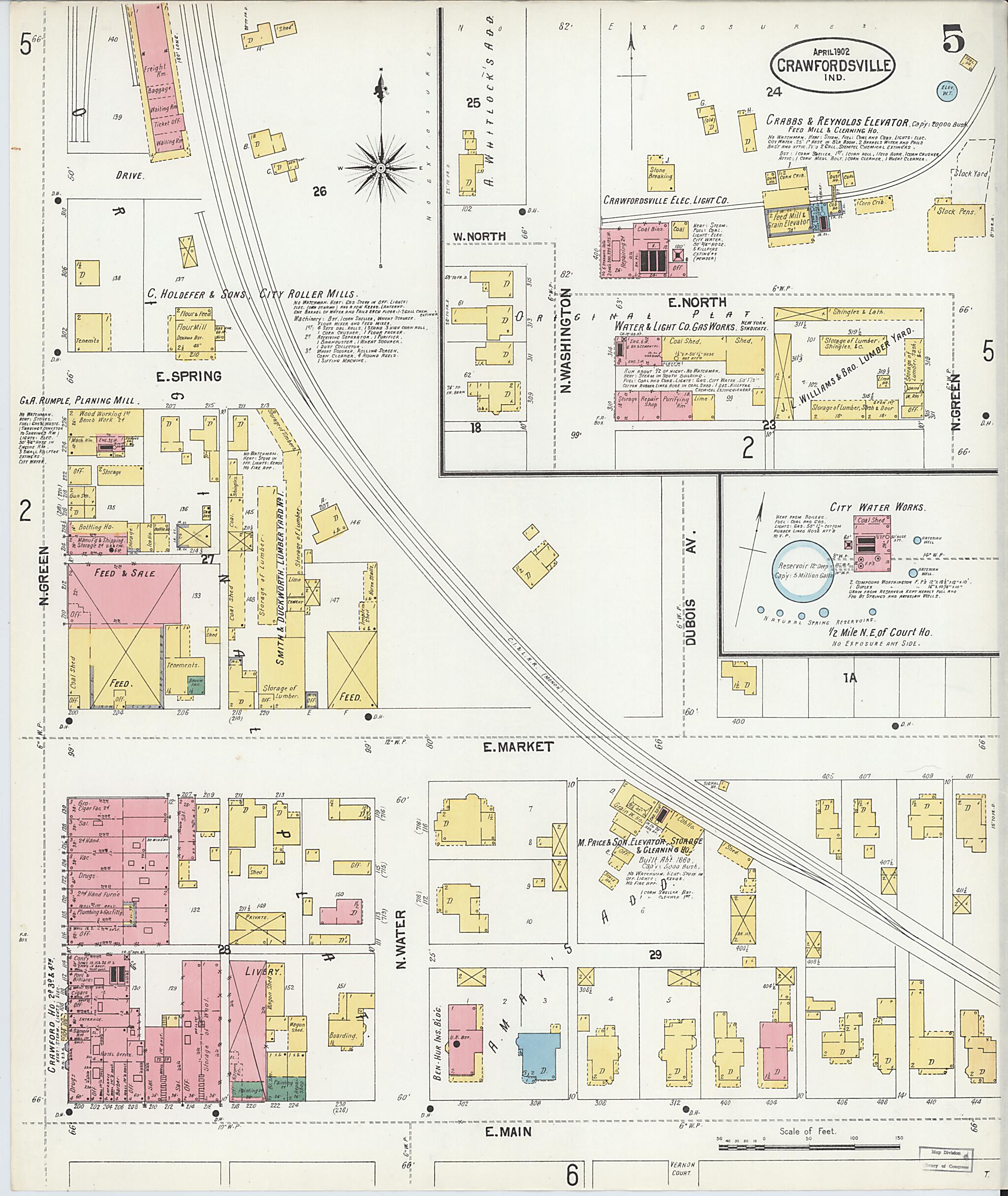 This old map of Crawfordsville, Montgomery County, Indiana was created by Sanborn Map Company in 1902