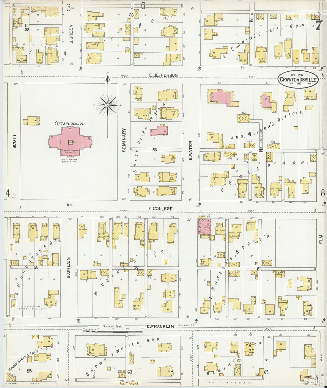 This old map of Crawfordsville, Montgomery County, Indiana was created by Sanborn Map Company in 1902