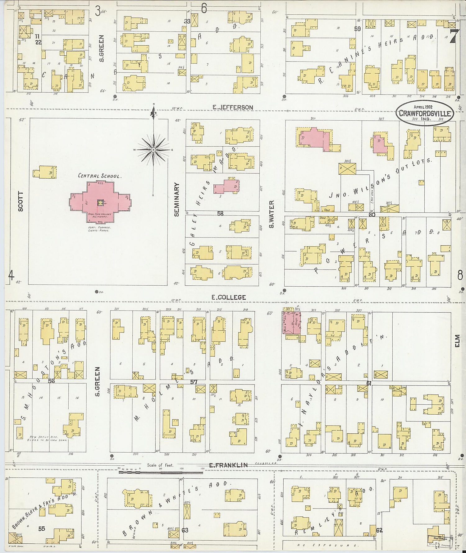 This old map of Crawfordsville, Montgomery County, Indiana was created by Sanborn Map Company in 1902